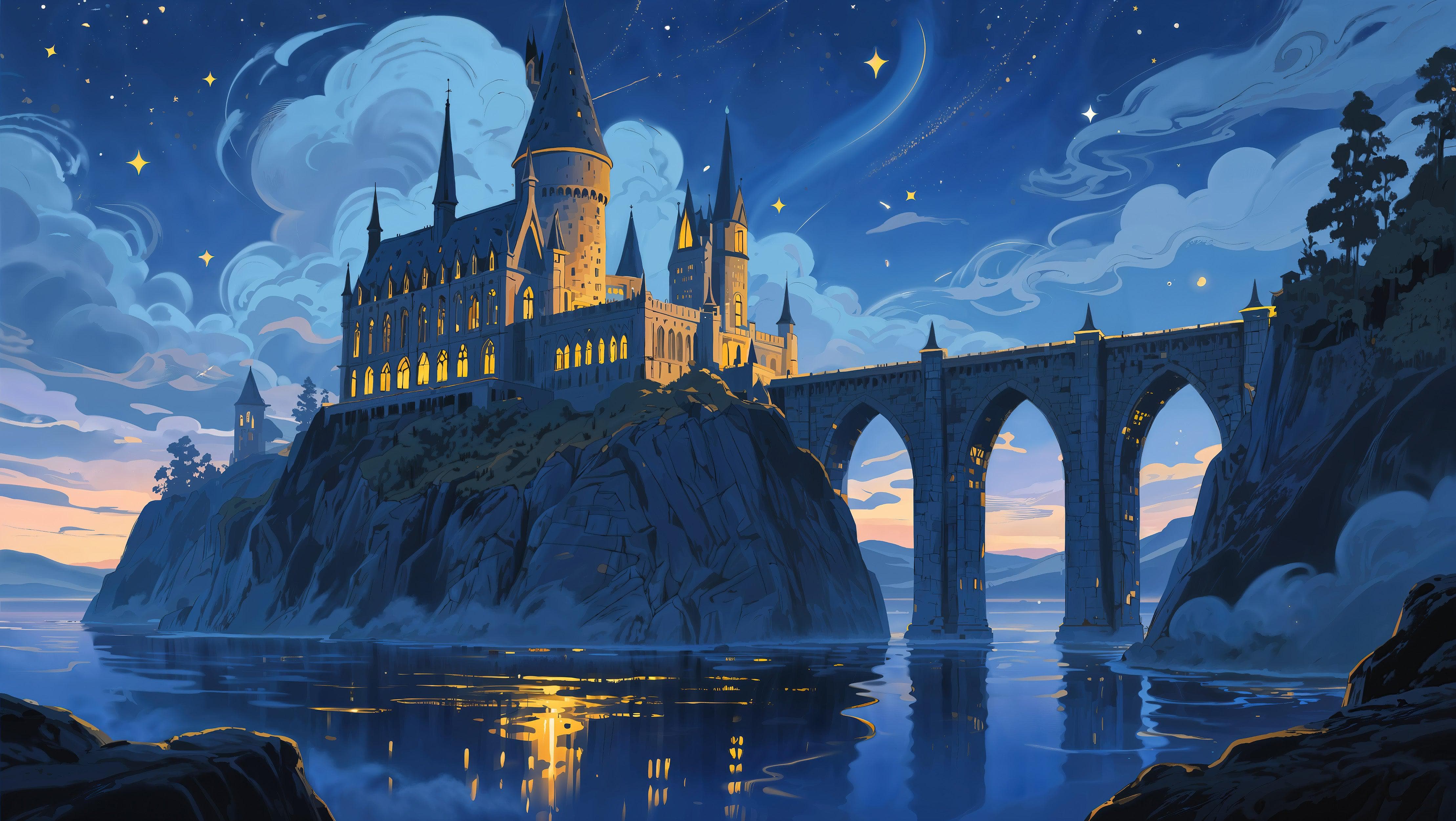 Magical Hogwarts Castle Twilight Wallpaper Mural. Wizardly World Fantasy Theme Wall Art. #6985