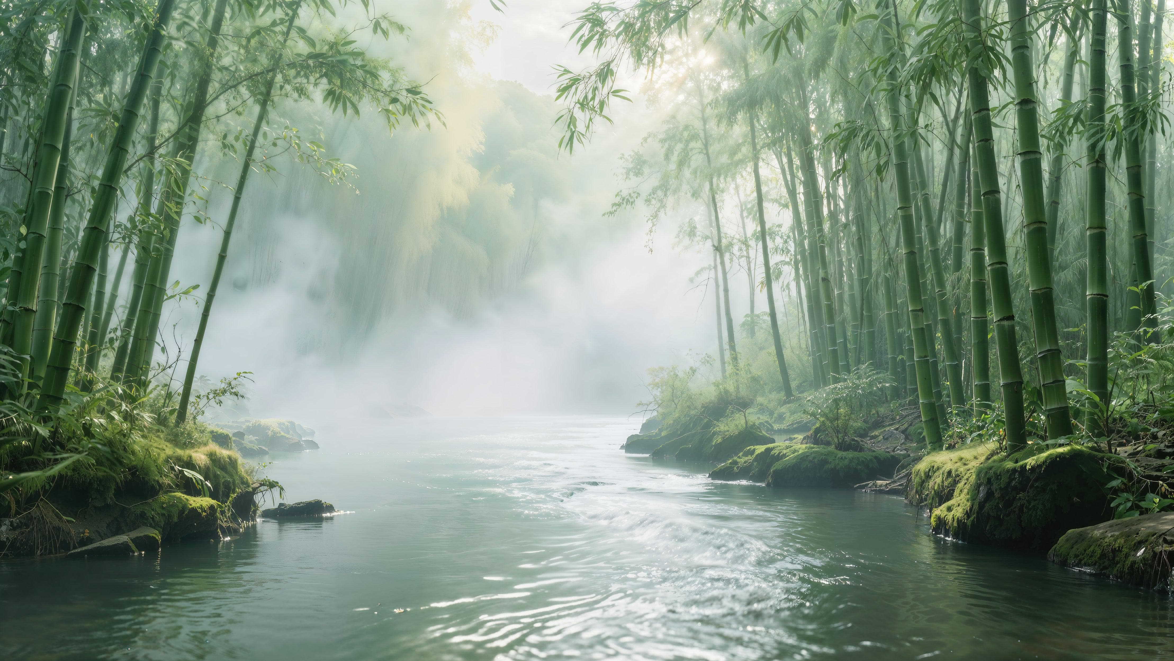 Foggy Bamboo Forest River Wallpaper Mural. #6986