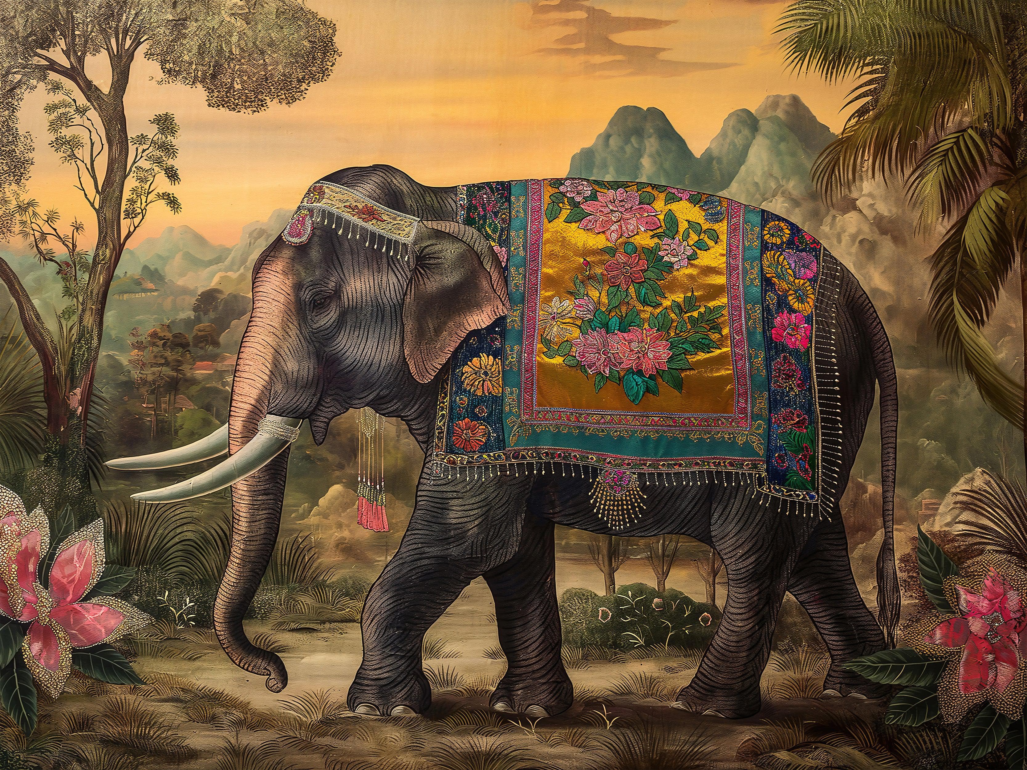 Decorative Indian Elephant Wallpaper Mural. Vintage Indian Wedding Theme. #6989