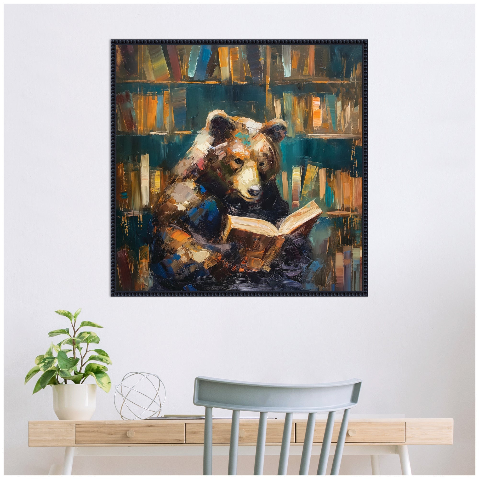 Sylvie Traditional Bear Reading in Library Framed Canvas by The Creative Bunch Studio