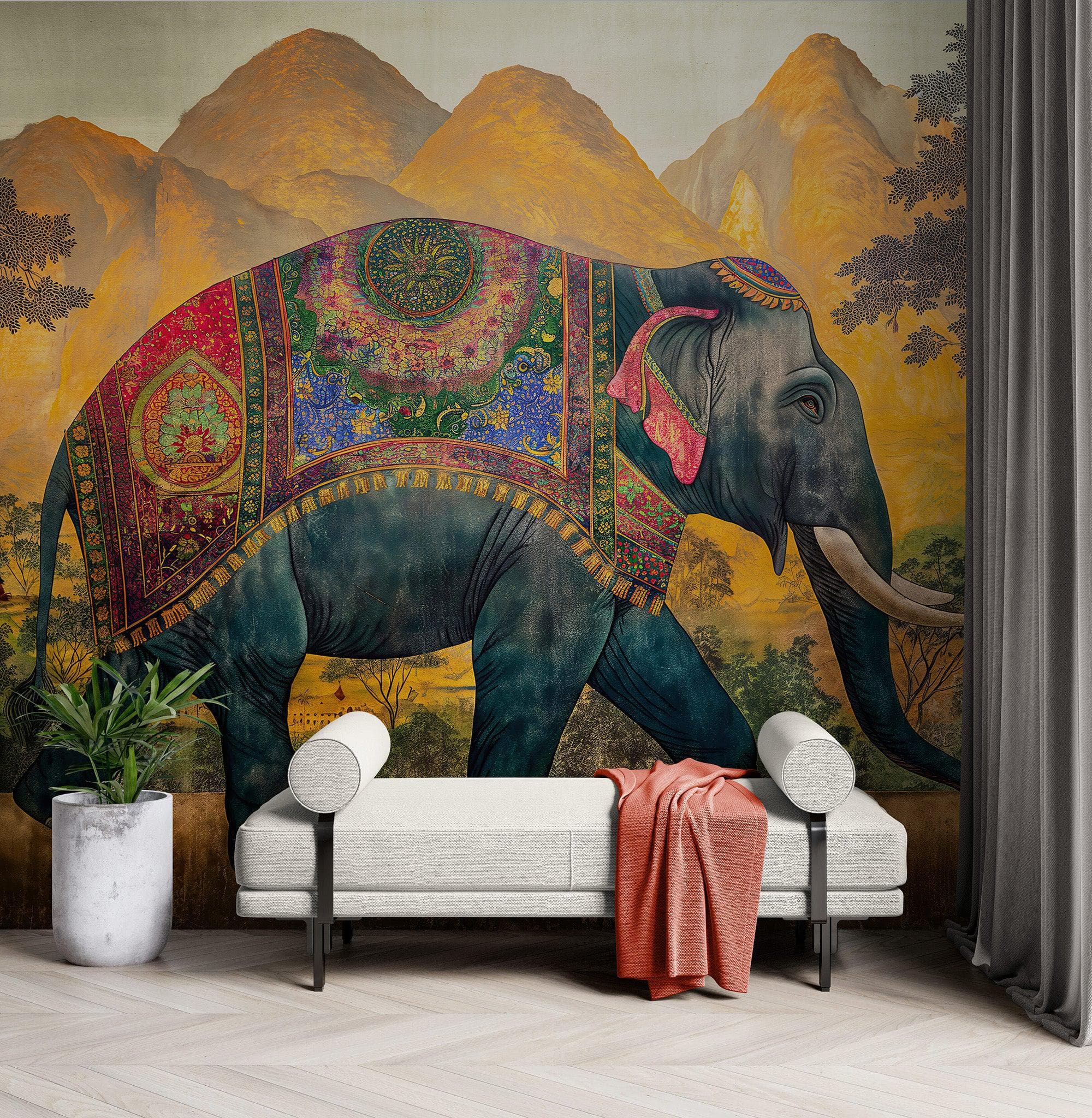 Vintage Decorated Indian Elephant Wallpaper Mural. #6990
