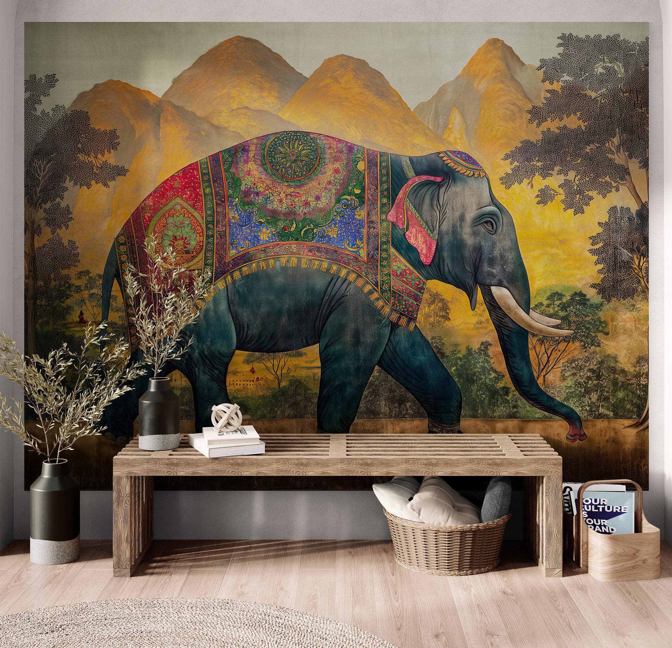 Vintage Decorated Indian Elephant Wallpaper Mural. #6990