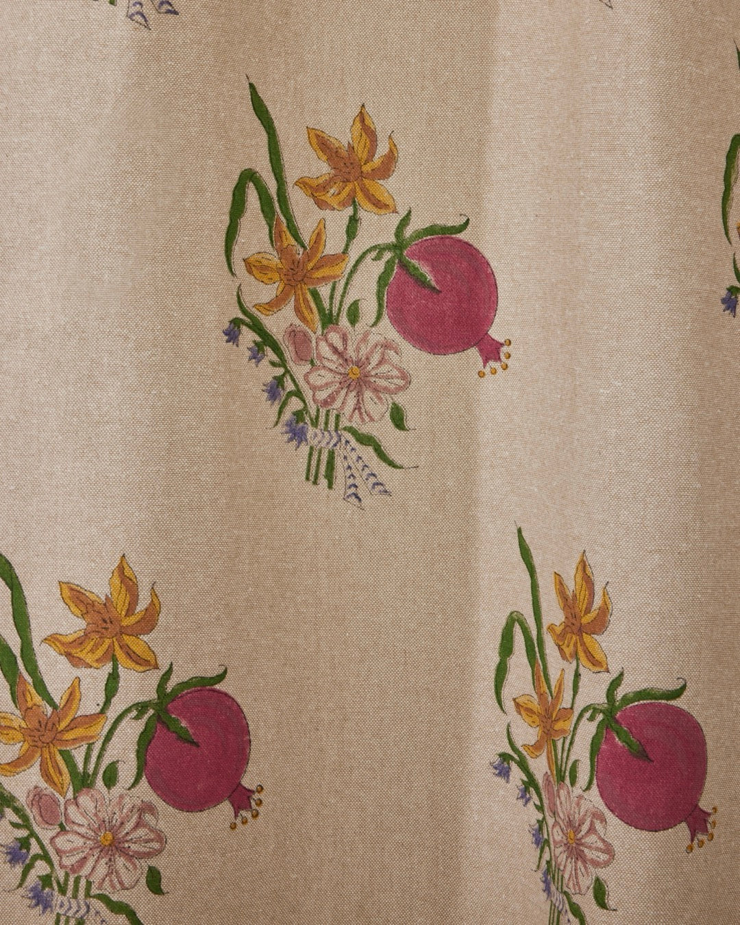 Beige Hand Block Printed Linen Curtains | Pomegranate & Floral Design-3