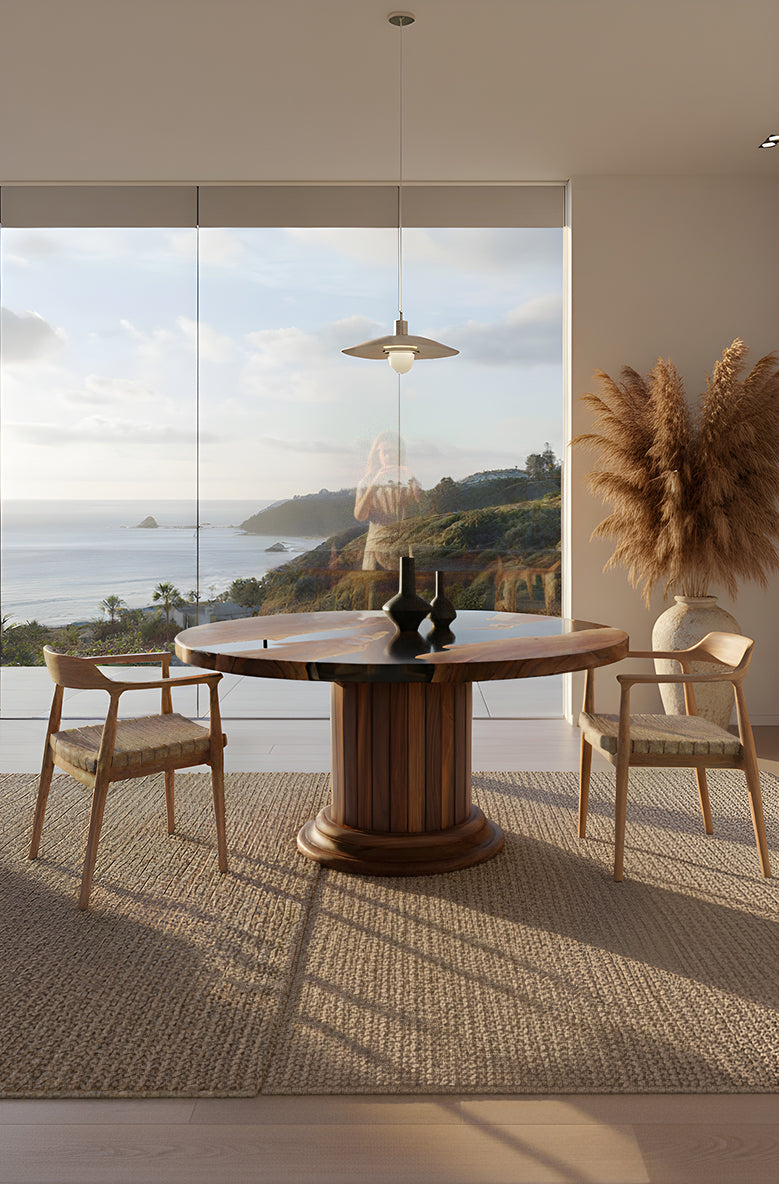 Round Dining Table with Solid Wood Drum Pedestal Base