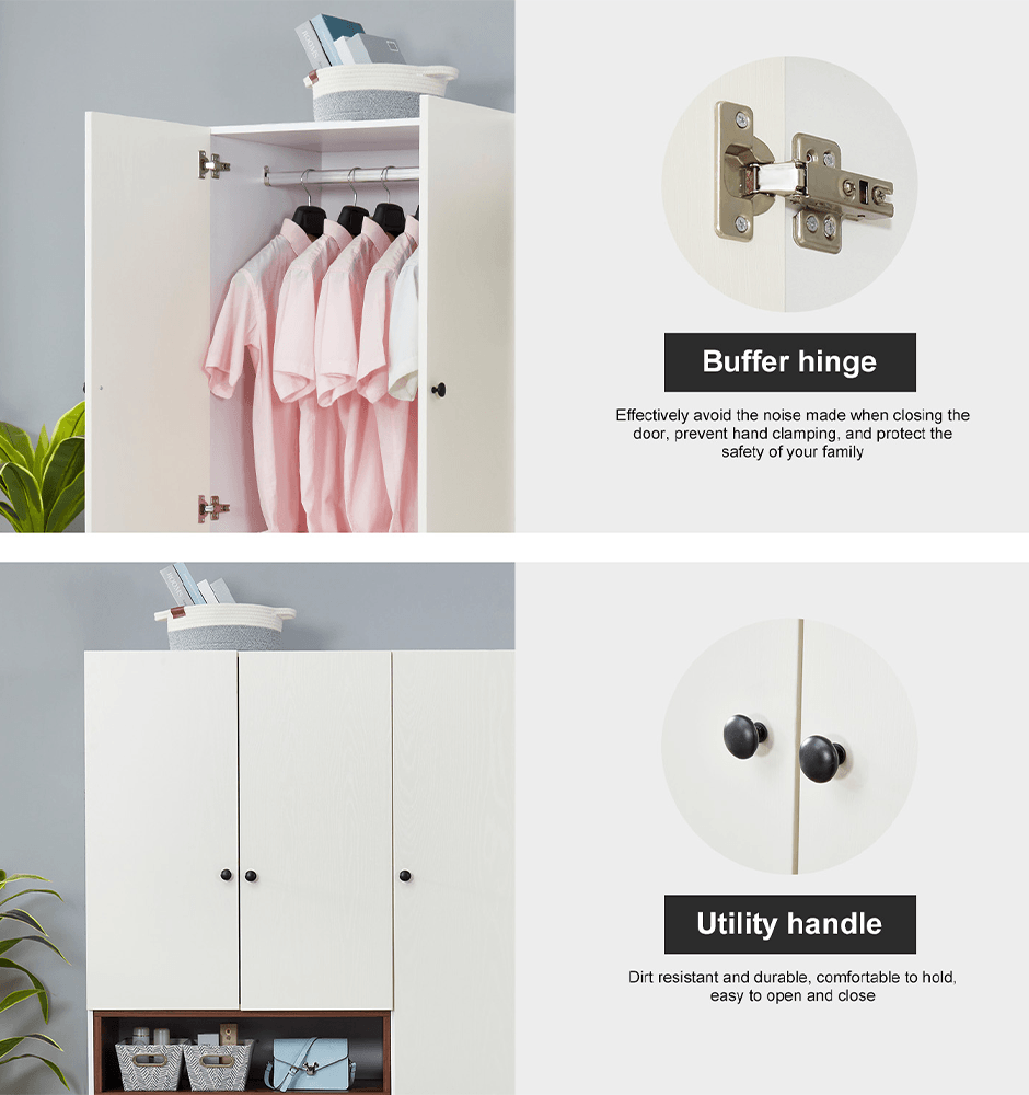 74'' H 3-Door White Wood Wardrobe Closet | Freestanding Armoire with Hanging Rod & Large Storage for Bedroom & Bathroom - PRHOMZ