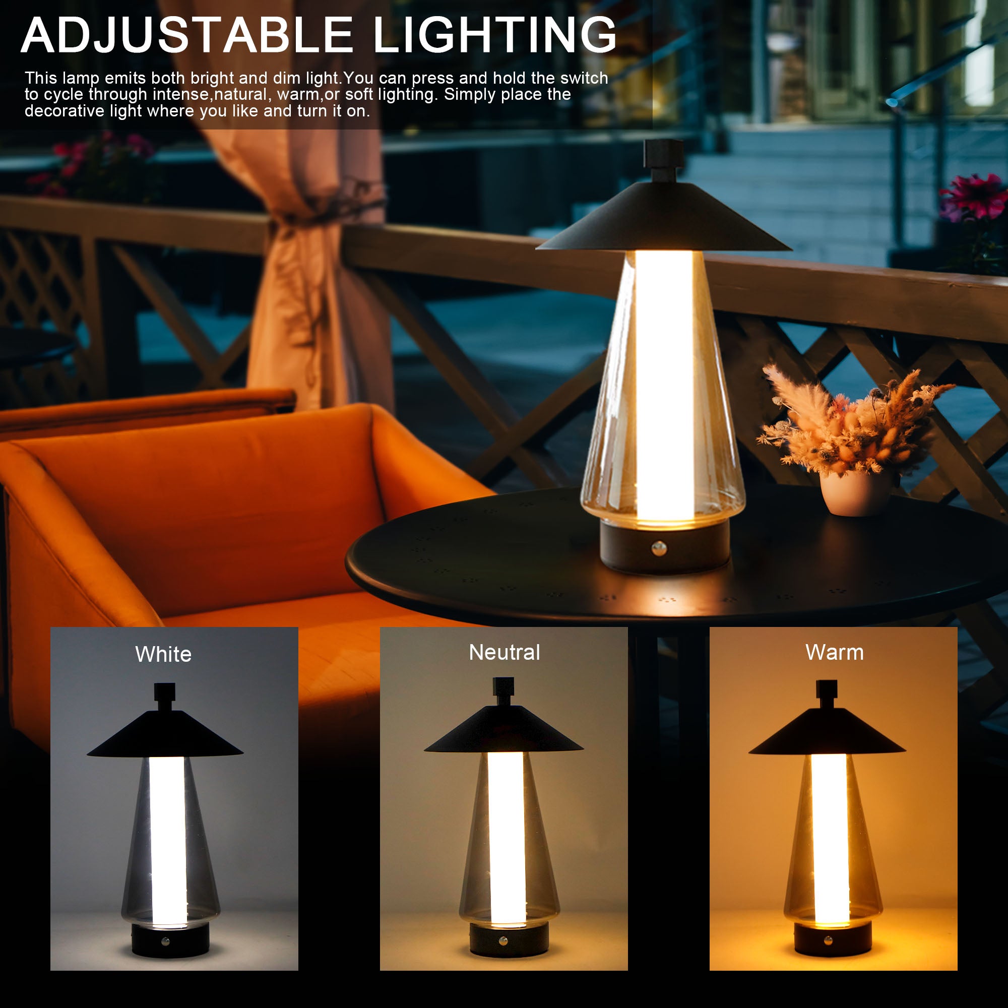 3-Way Dimmable Bedside Lamp (12"H): Umbrella-Shaped Touch Control, Grey Anodized Glass Shade (Indoor/Outdoor)-3