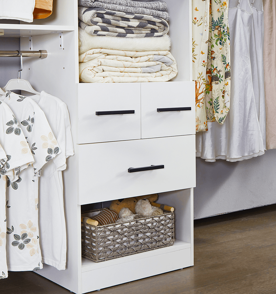 8FT White Closet Organizer System with Shelves, Towers, 3 Drawers & Hanging Rods - Built-In Oak Closet Storage Cabinet for Bedroom - PRHOMZ