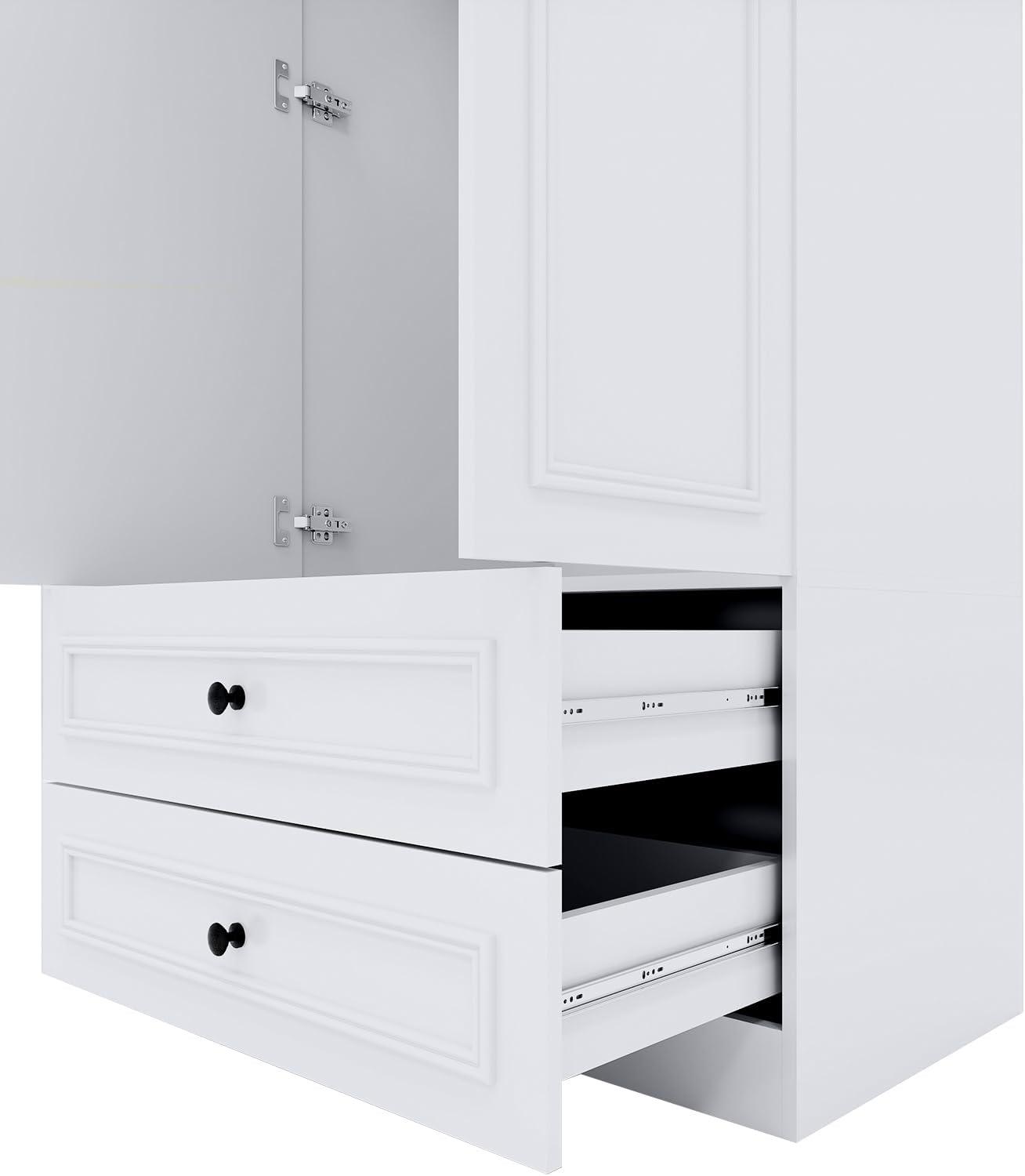 White Wooden Armoire Wardrobe – 2-Door Closet with Mirror, Hanging Rods, Drawers & Shelves for Bedroom - PRHOMZ
