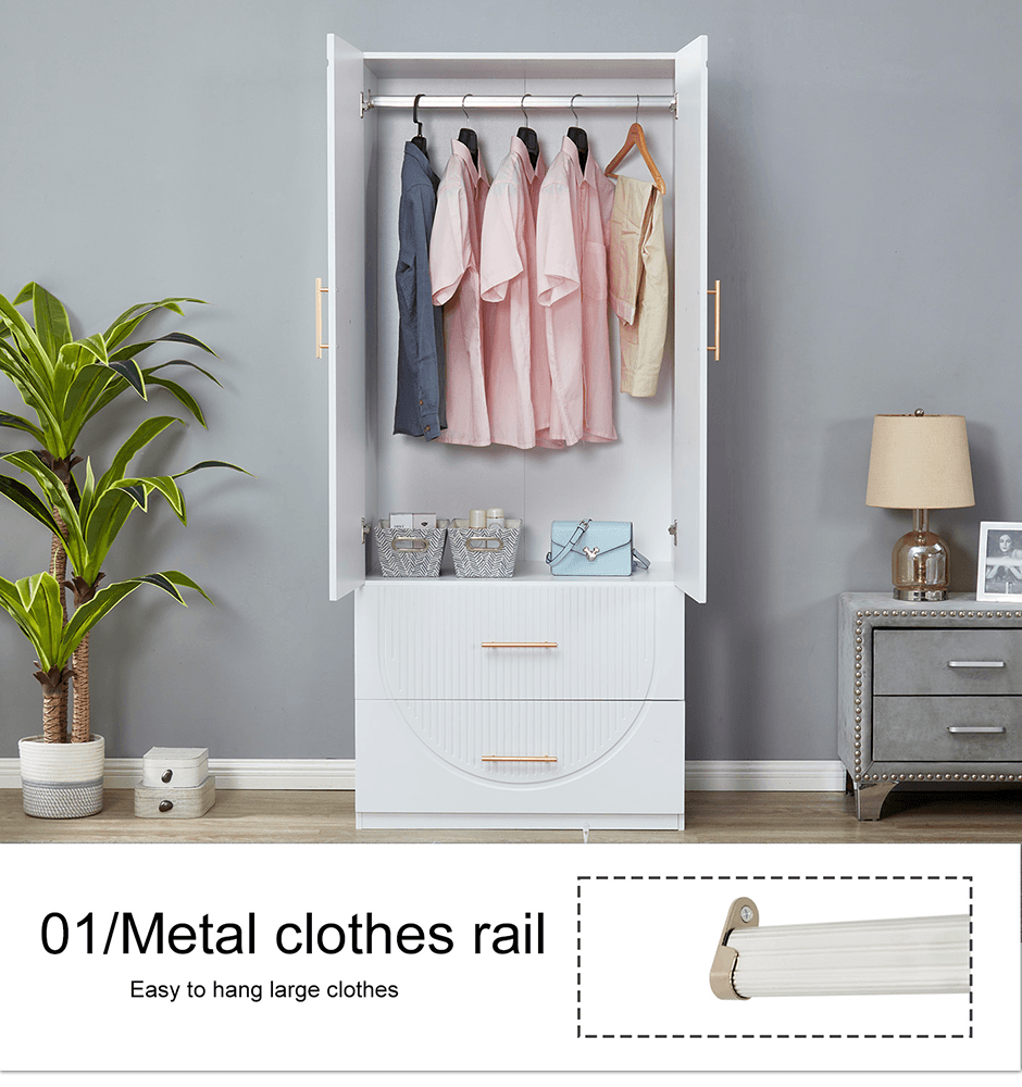 74.2" H White Modern Wooden Armoire Wardrobe – 2 Doors, 2 Drawers Freestanding Closet with Hanging Rod - PRHOMZ
