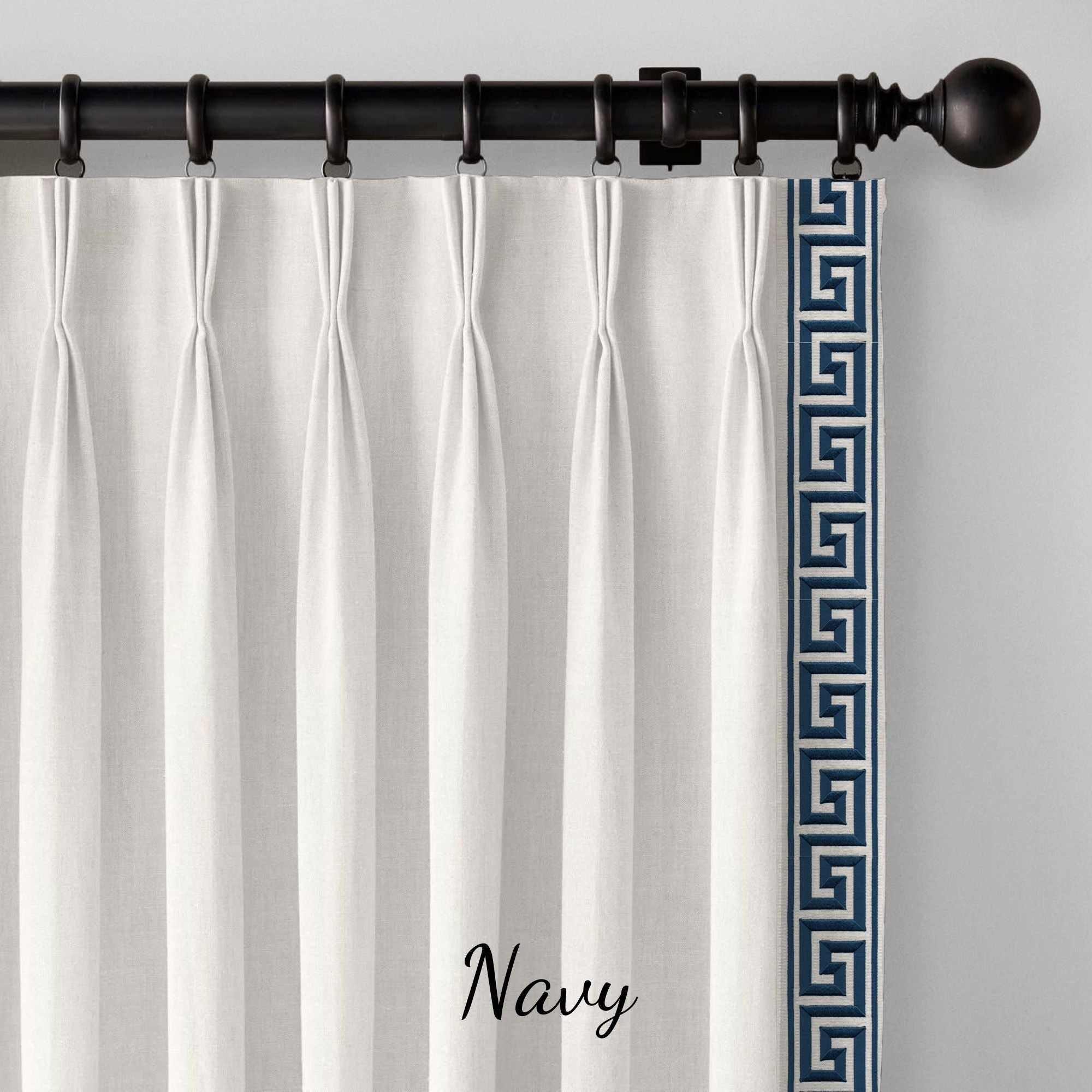 Luxury GOTS Certified White Linen Curtains | Triple Pinch Pleat | Greek Key Trim (19 Colours) | Custom Sizes-4