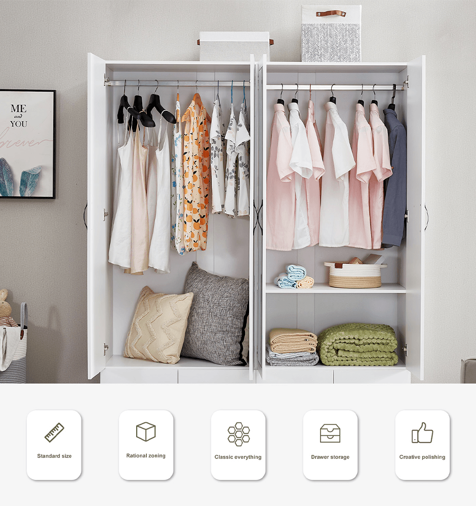 White Mirror Wardrobe Closet – 4-Door Wooden Freestanding Armoire with Shelves & Hanging Rod - PRHOMZ