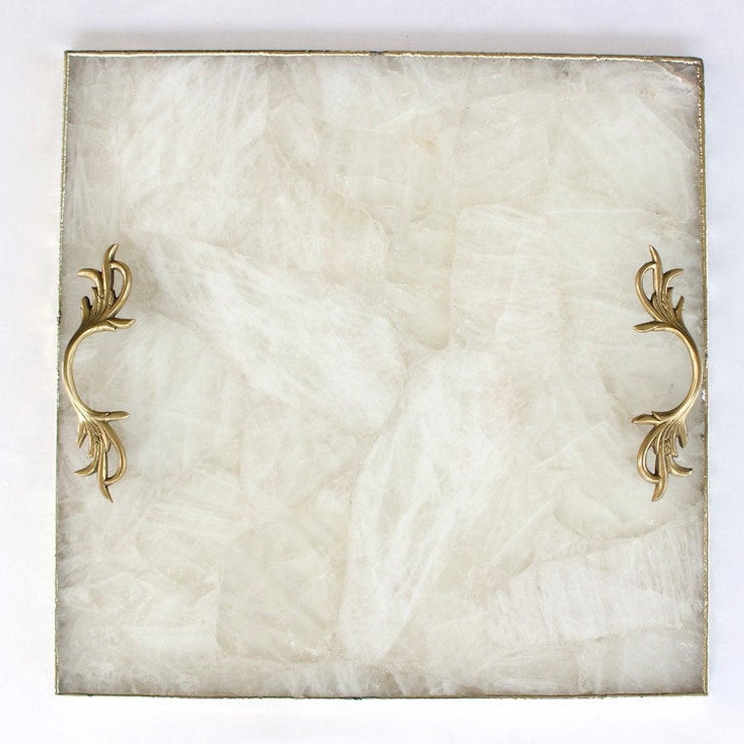 White Agate Serving Tray With Brass Handles | Square - PRHOMZ