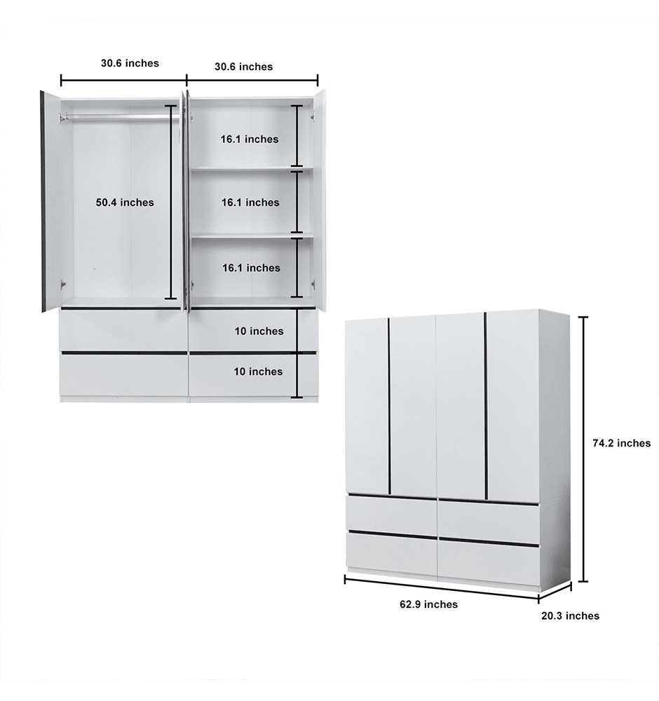 74.2" H White 4-Door Wardrobe Closet – Modern Wood Armoire with Black Accents & Hanging Rod - PRHOMZ