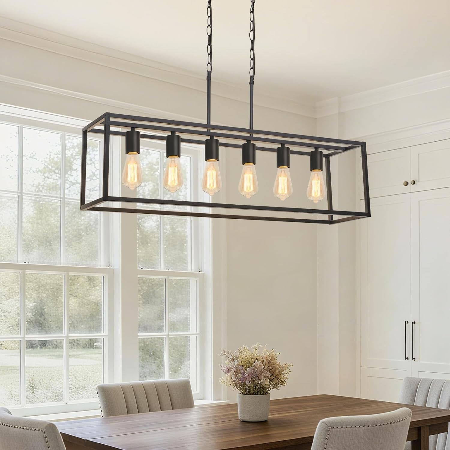 Six Light Black Linear Chandelier With Adjustable Height