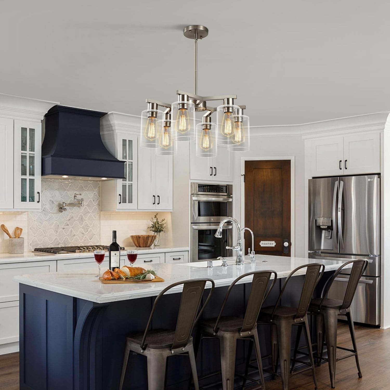 6 Light Farmhouse Brushed Nickel Pendant Chandelier-1