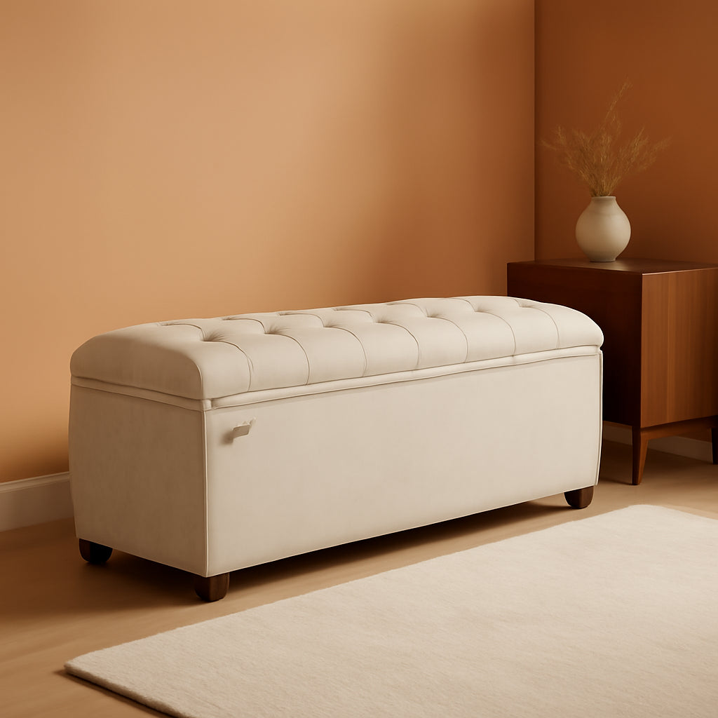 Cream Velvet Textured Storage Ottoman Bench 43Inch