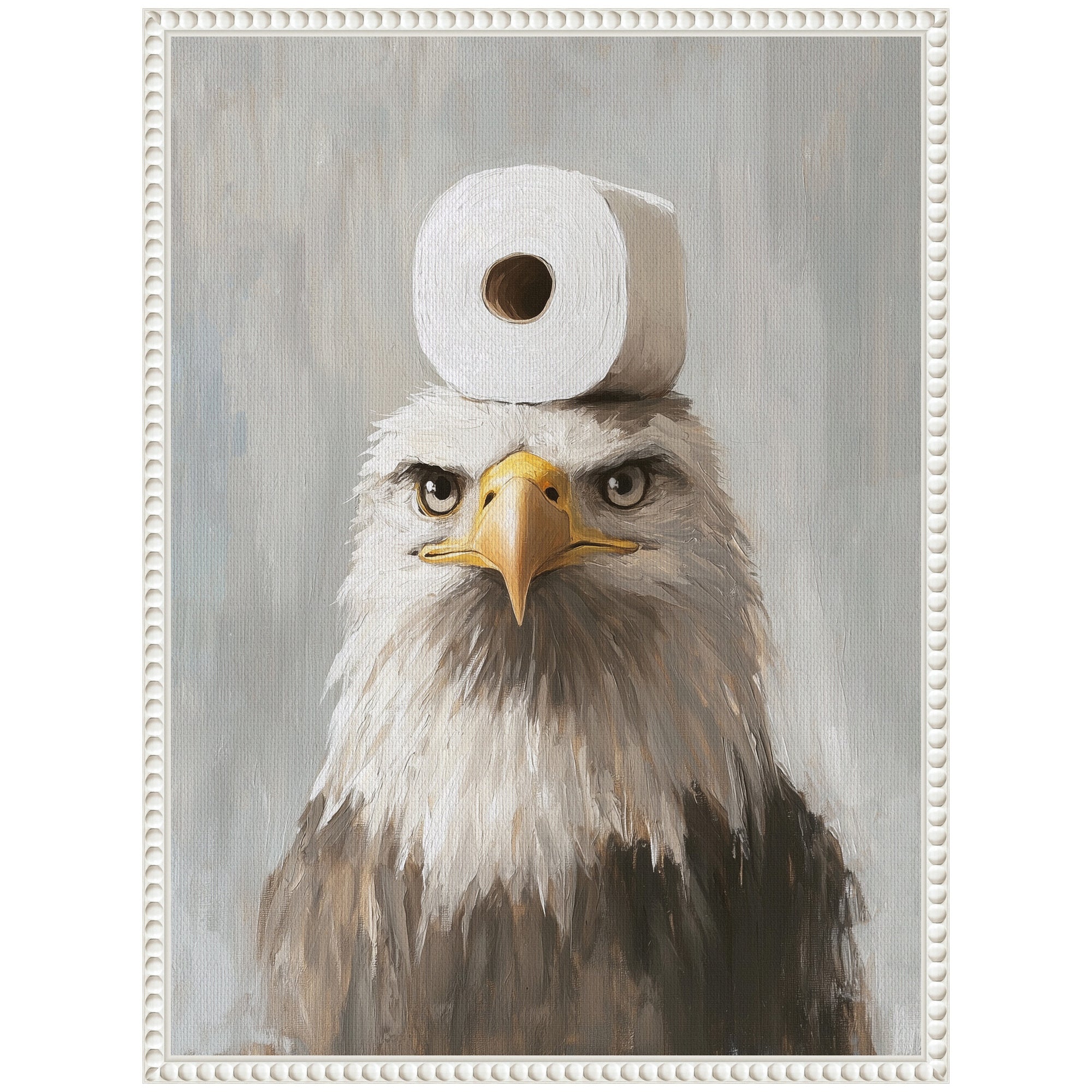 Sylvie Toilet Paper Roll on Bald Eagles Head Bathroom Art Framed Canvas by The Creative Bunch Studio