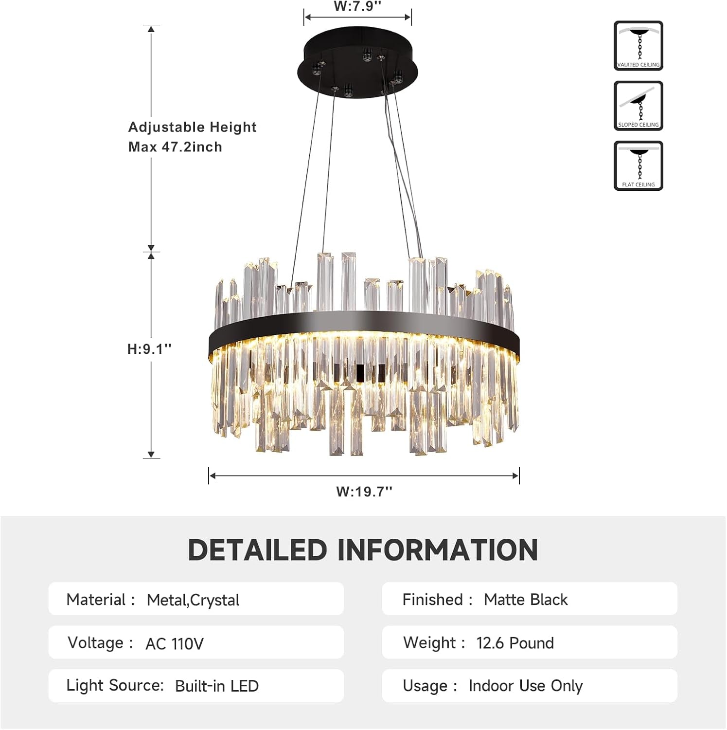 Black LED Modern Crystal Chandelier, 19.7 Inch Round, 3 Color Dimmable-1