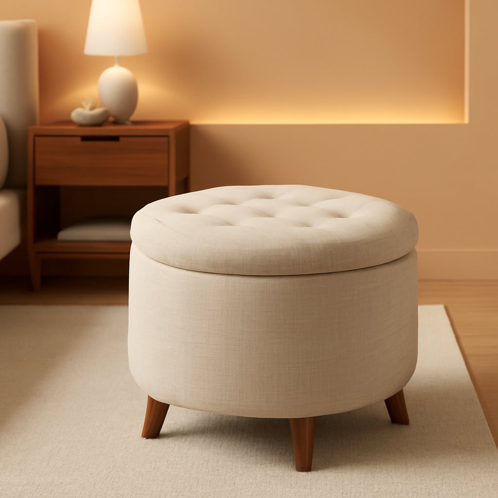 Beige Linen Round Storage Ottoman Featuring Tufting