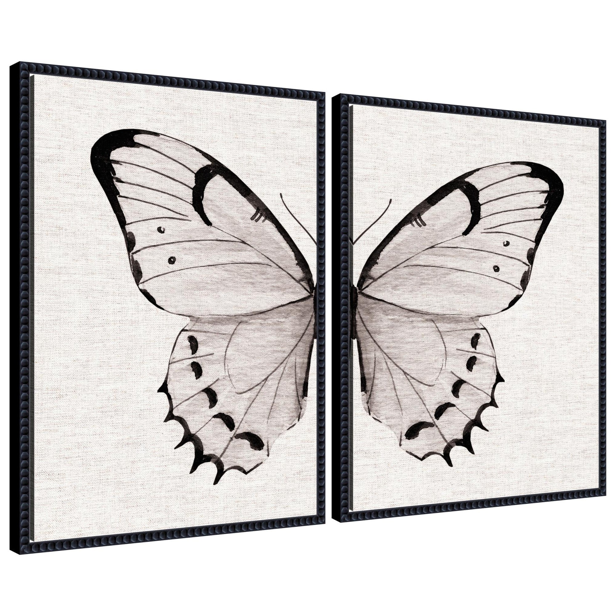 Sylvie Beaded Minimal Butterfly Watercolor Neutral Linen - 2 Piece Framed Canvas Art Set by The Creative Bunch Studio
