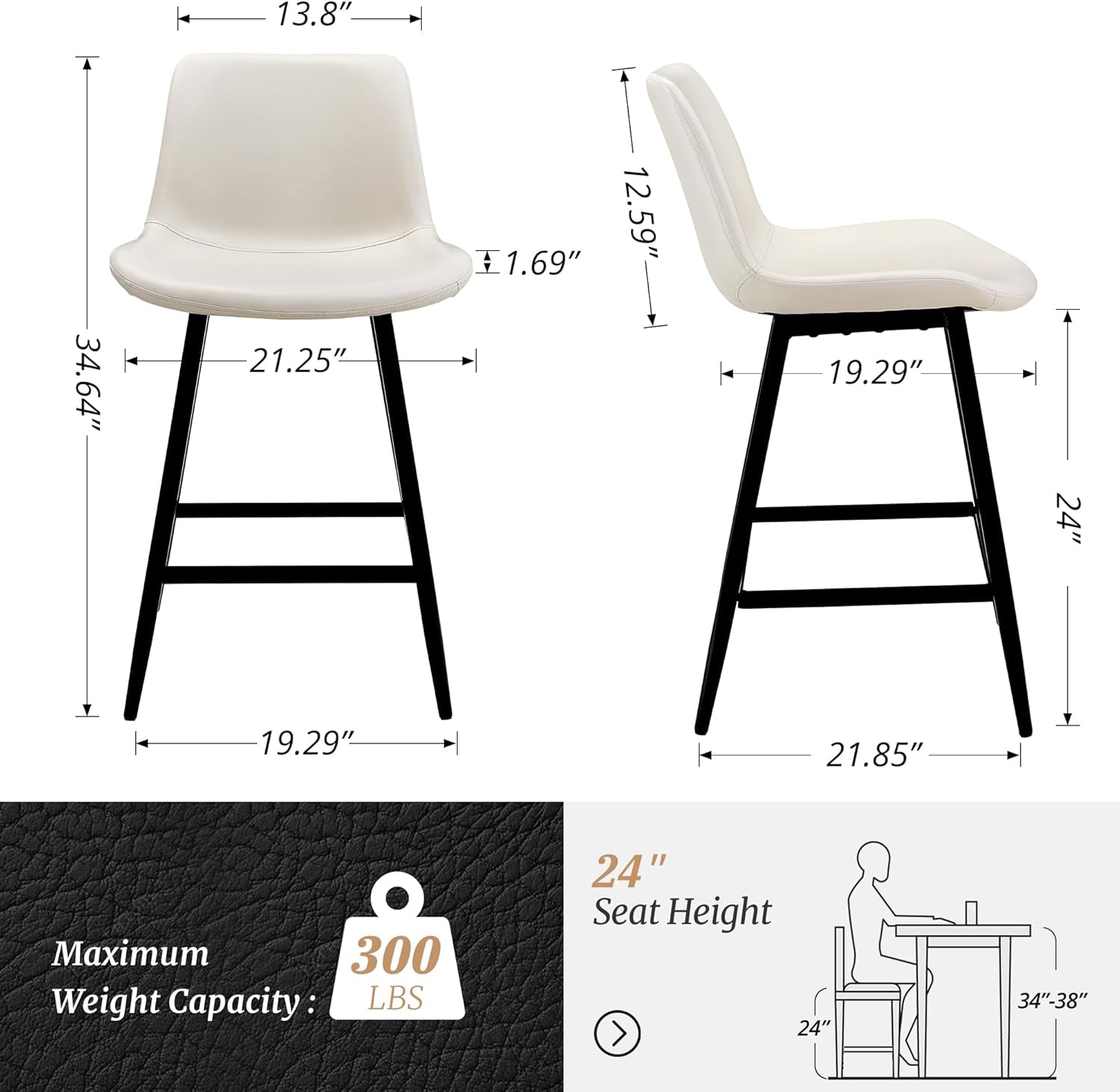 24 Inch Faux Leather Bar Stool Set of 3 With Back and Footrest, Antique White for Kitchen Island