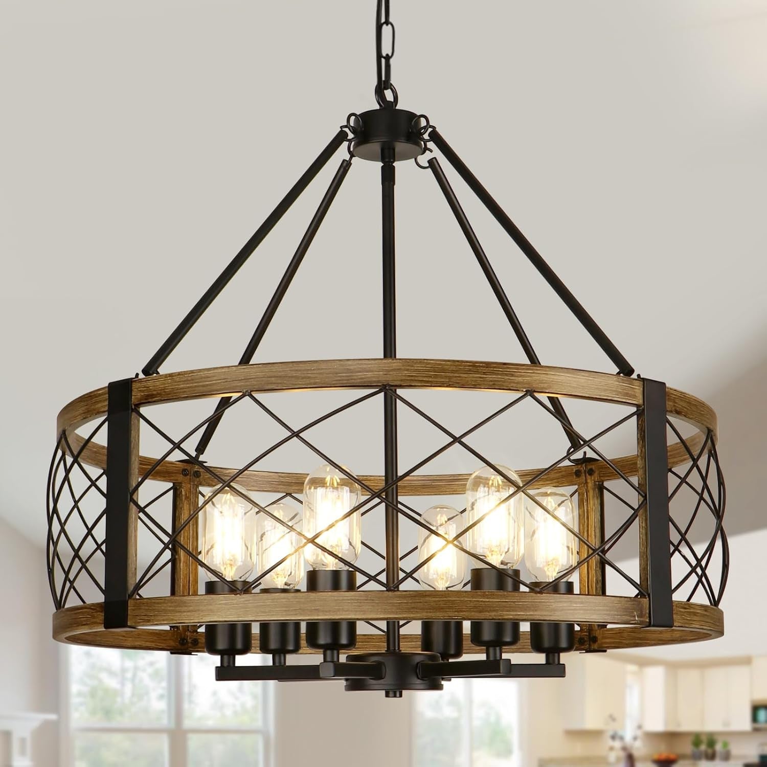 Six Light Walnut Wood Grain Finish Farmhouse Chandelier-0