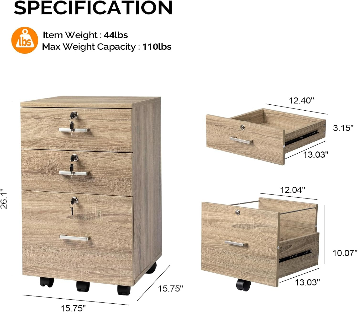 Oak 3 Drawer File Cabinet With Lock Rolling Printer Stand