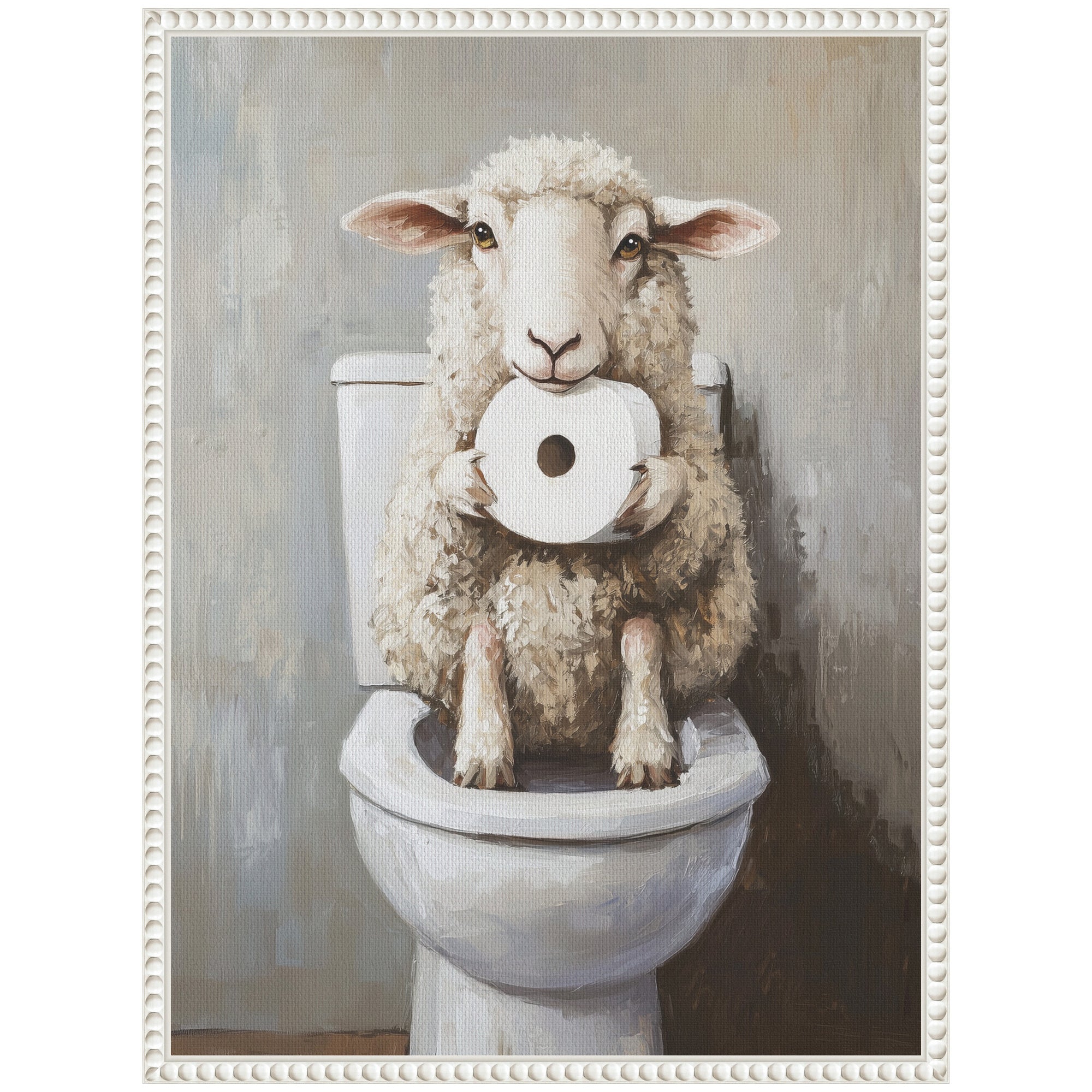 Sylvie Cute Sheep Holding Toilet Paper Roll Toilet Bathroom Art Framed Canvas by The Creative Bunch Studio