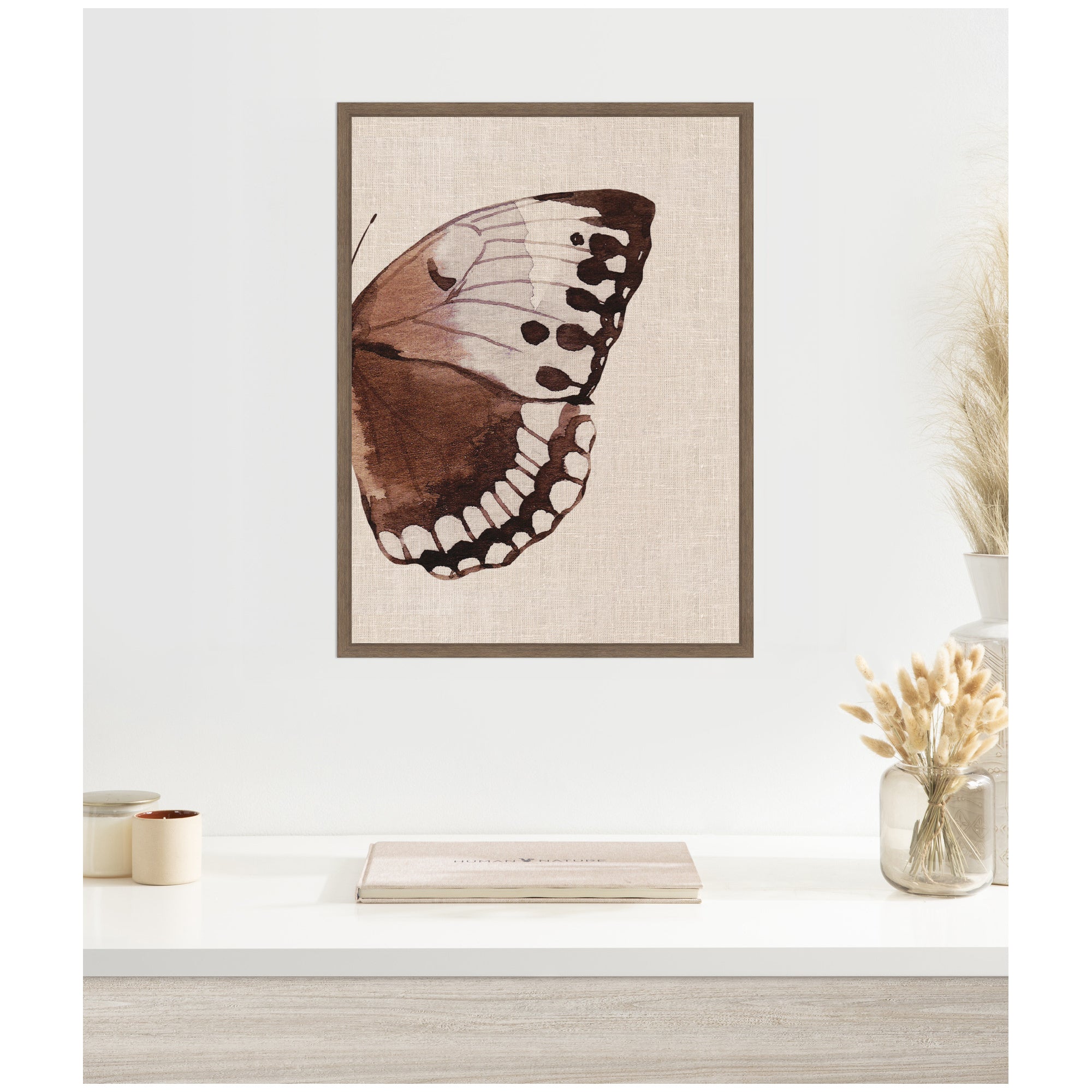 Sylvie Retro Butterfly Watercolor Diptych Neutral Burlap Right Framed Canvas by The Creative Bunch Studio