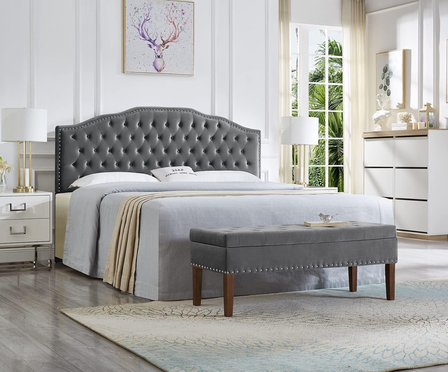 Upholstered Tufted King Size Headboard with Nailhead Trim