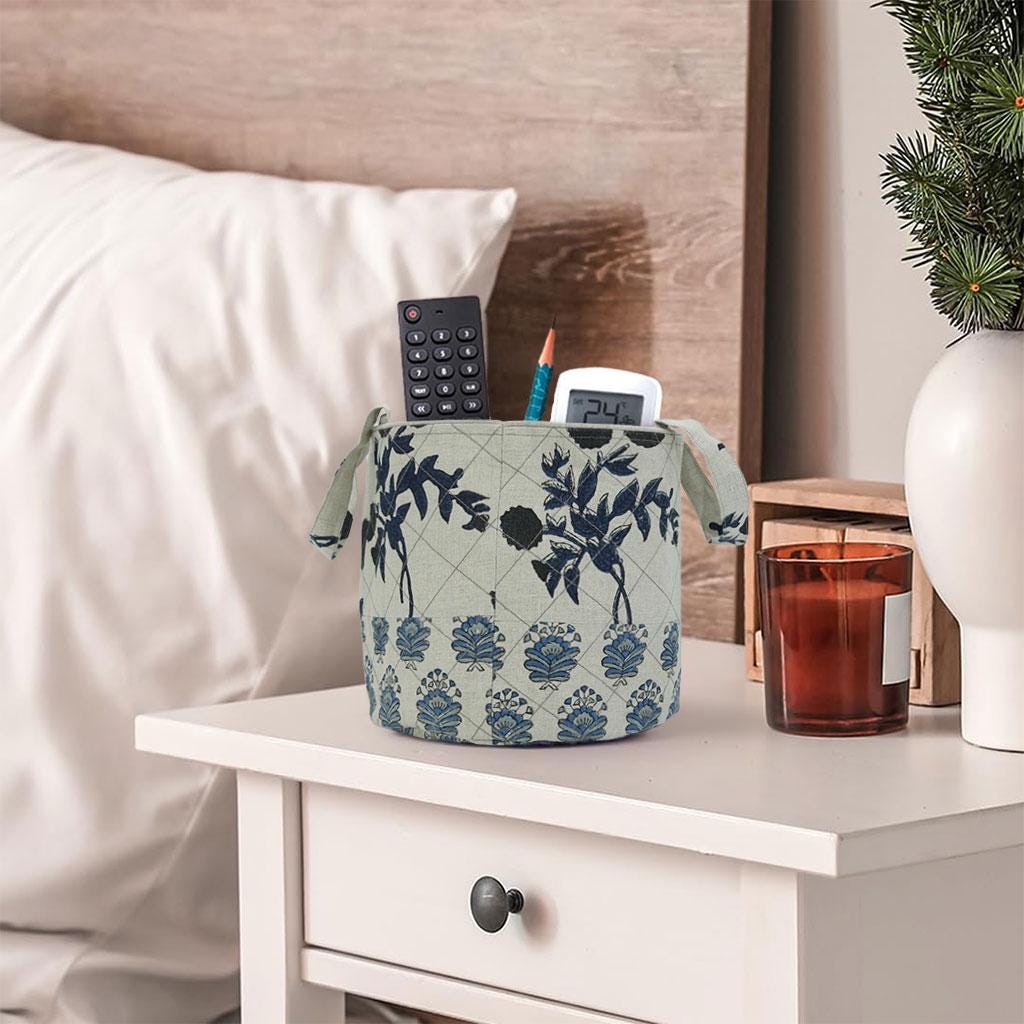 FLORAL LINEN HANGING ORGANIZER HOME DECOR CONTAINER SET IN BLACK & BLUE - BHEESHMA