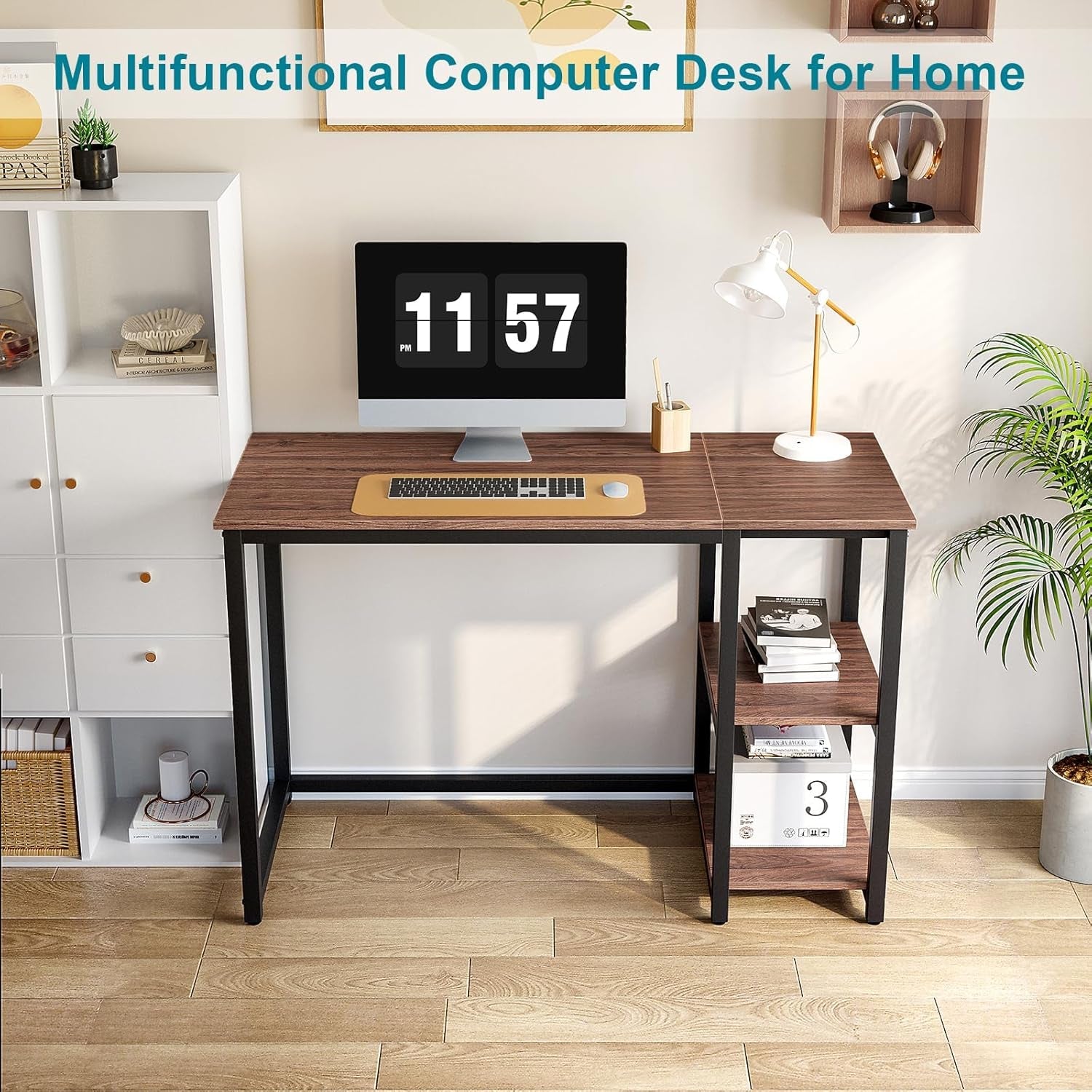 40 Inch Computer Desk With 2 Shelves Brown Sturdy Home Office Gaming Desk