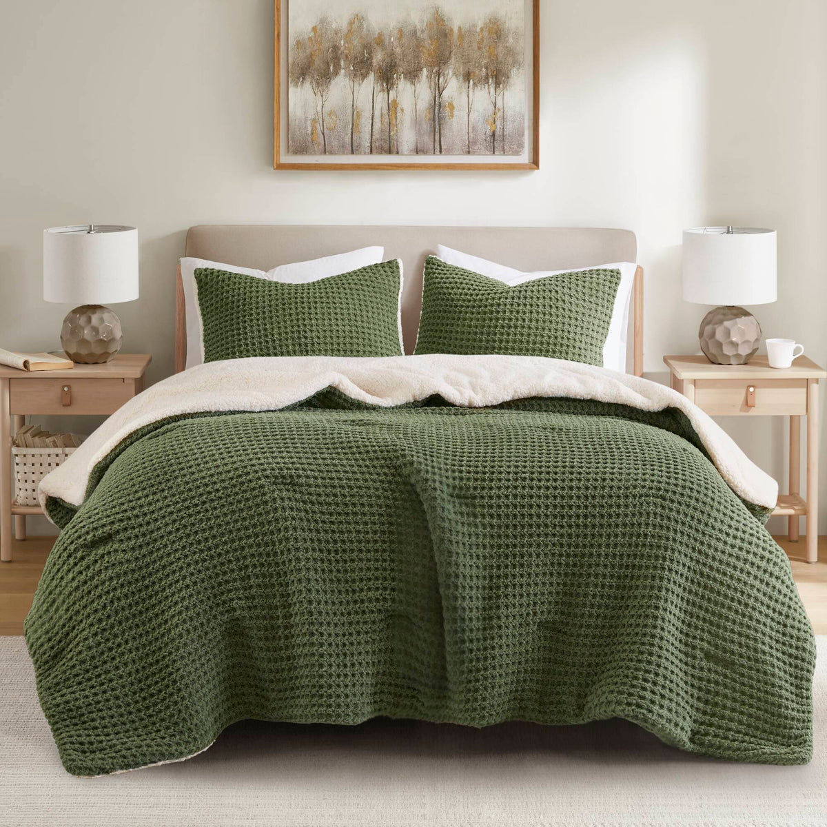 3 Pieces King/Cal King Waffle Knit Chenille Comforter Set, Olive
