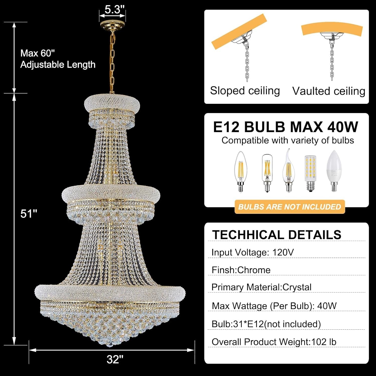 Large Thirty One Light Empire Crystal Chandelier Gold Finish-1