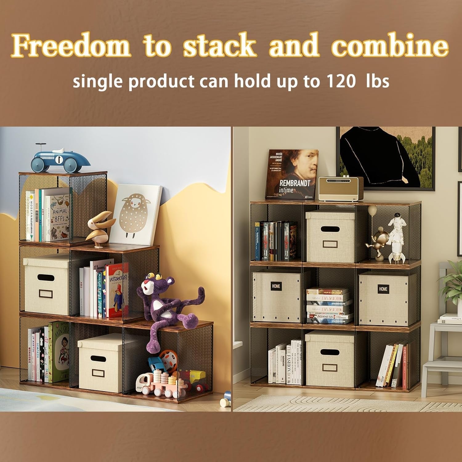 2 Cube Stackable Book Shelves Organizer Black Brown Wood For Kids Rooms And Living Spaces