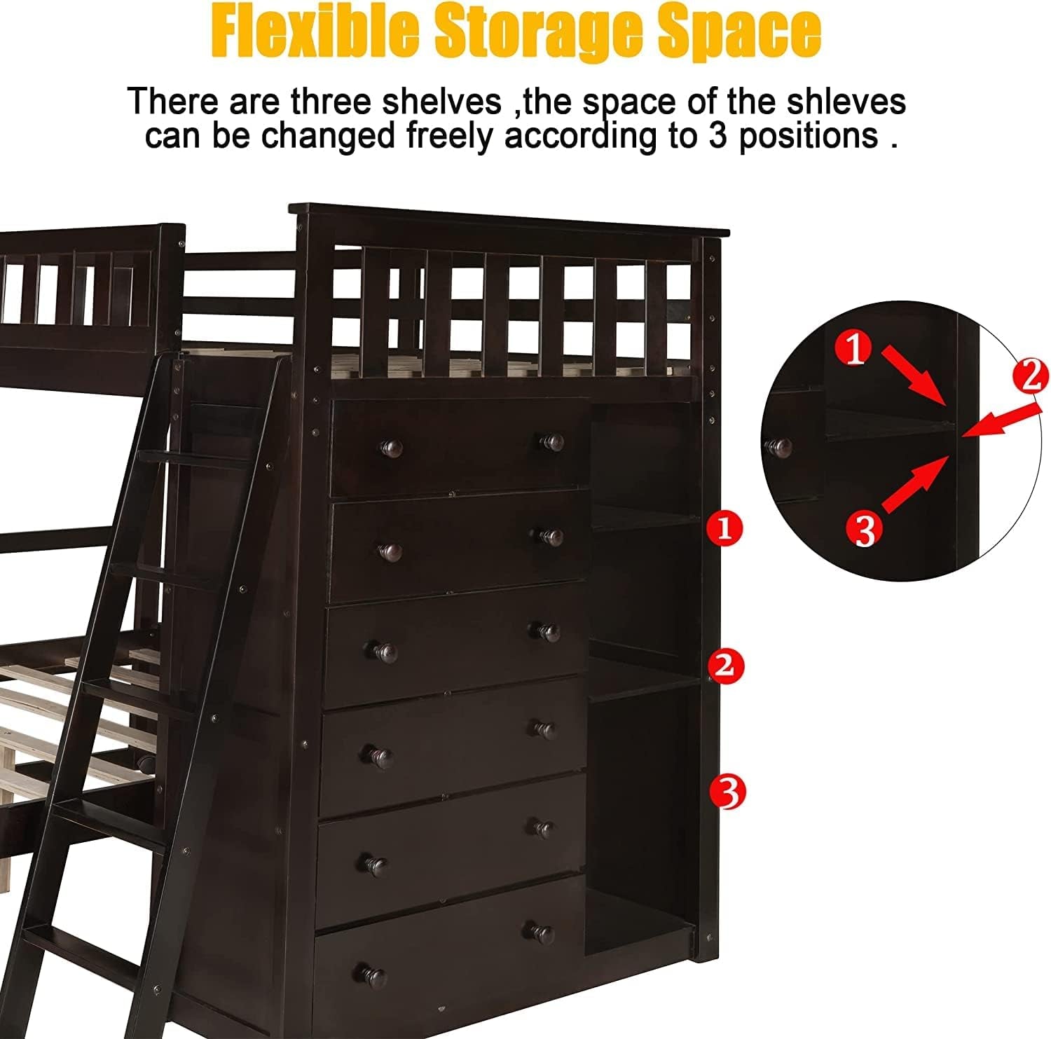 Espresso Twin Over Full Bunk Bed With Six Drawers Shelves