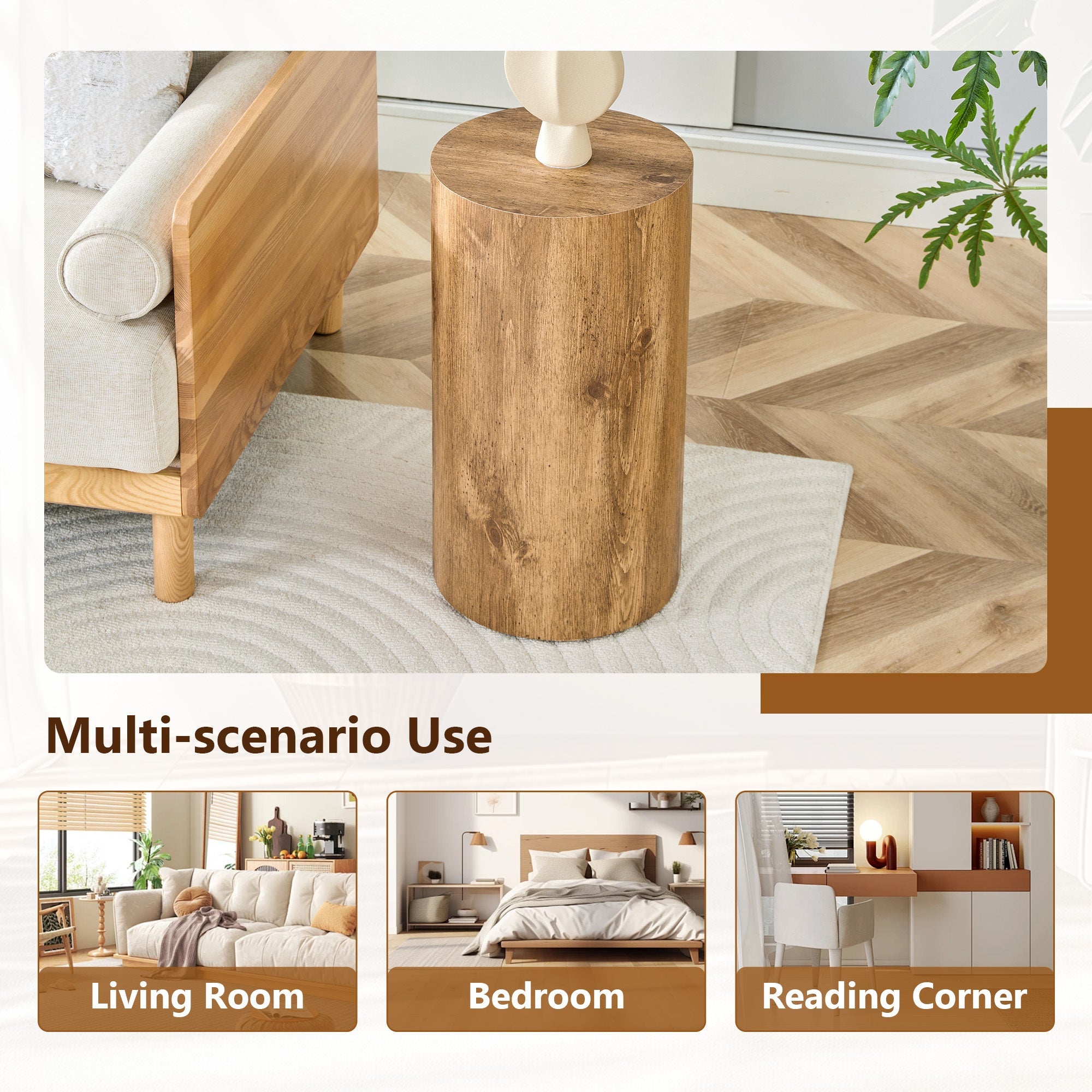 Modern Minimalist Set of Two Wood color Cylinder Coffee Tables