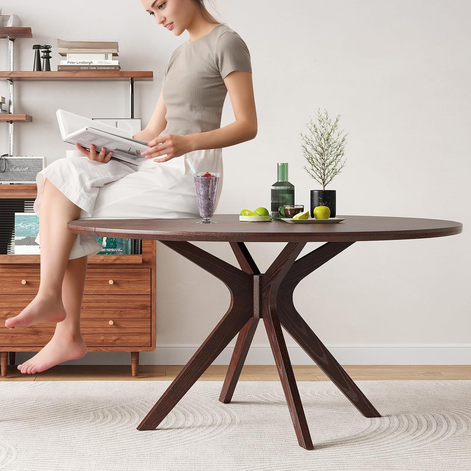 Walnut 47.2-Inch Round Dining Table With X Pedestal Solid Wood