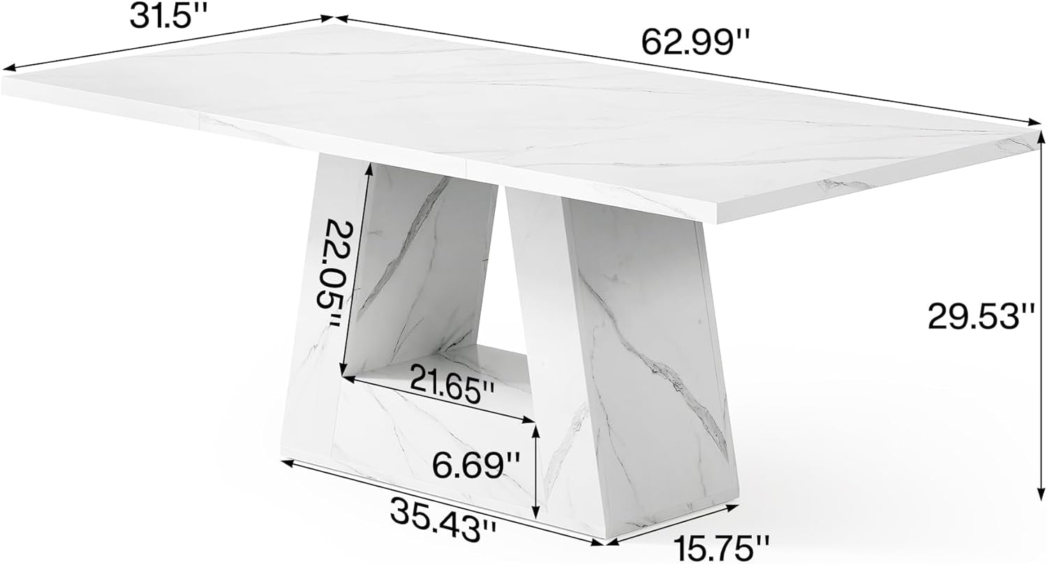 63 Inch White Faux Marble Dining Table Rectangular
