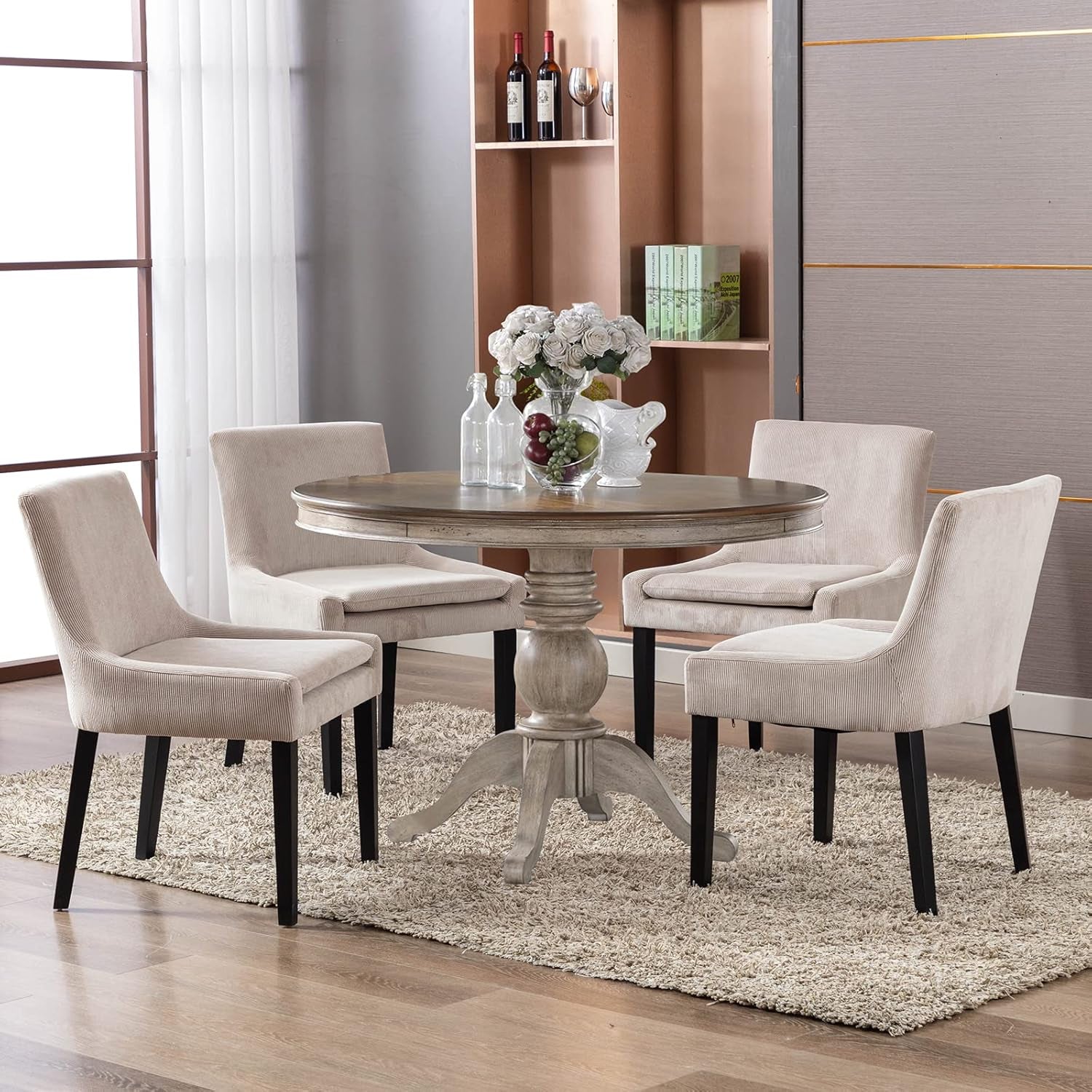Beige Upholstered Corduroy Dining Chairs Bundle Four