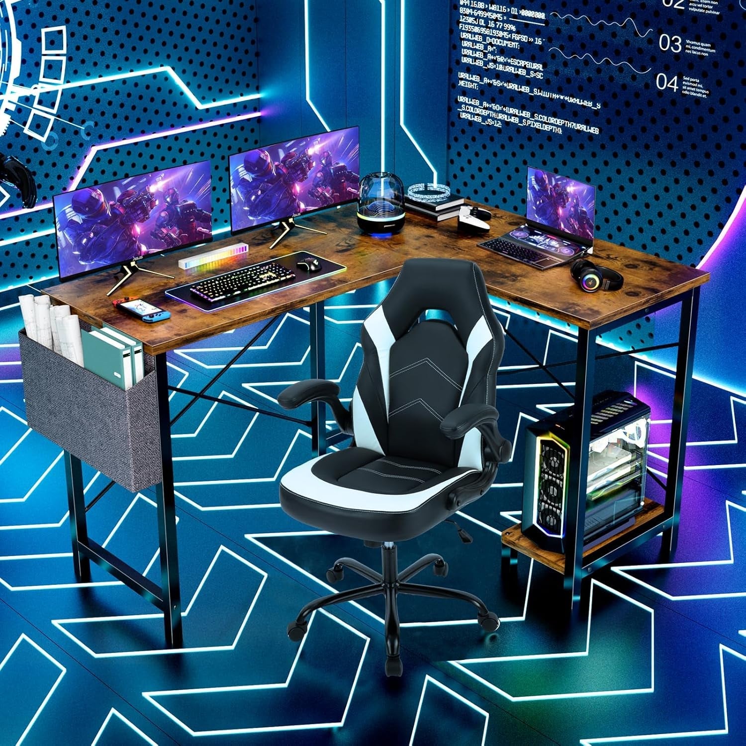 Corner L Shaped Gaming Desk With CPU Stand And Side Bag