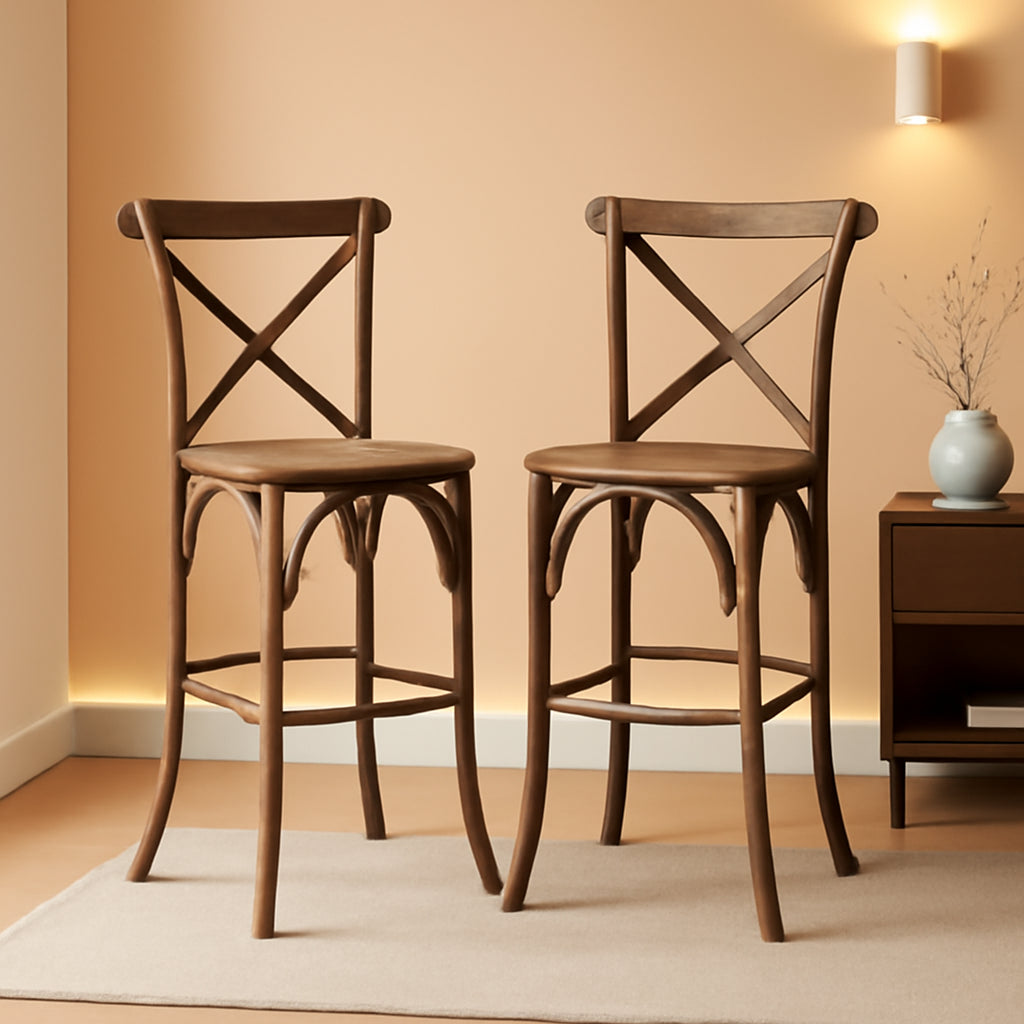 Dark Antique Wood Cross Back Barstools Set of Two