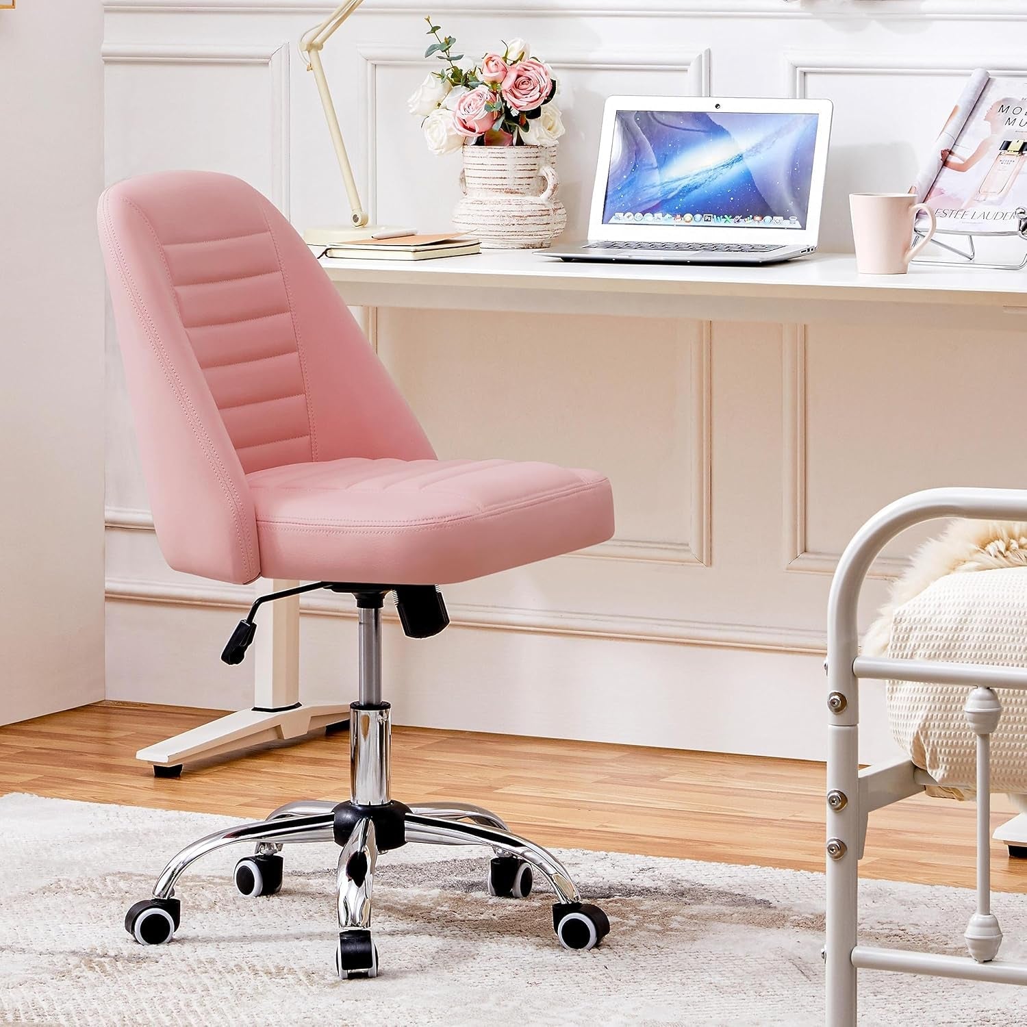 Pink PU Leather Armless Office Chair With Rolling Wheels