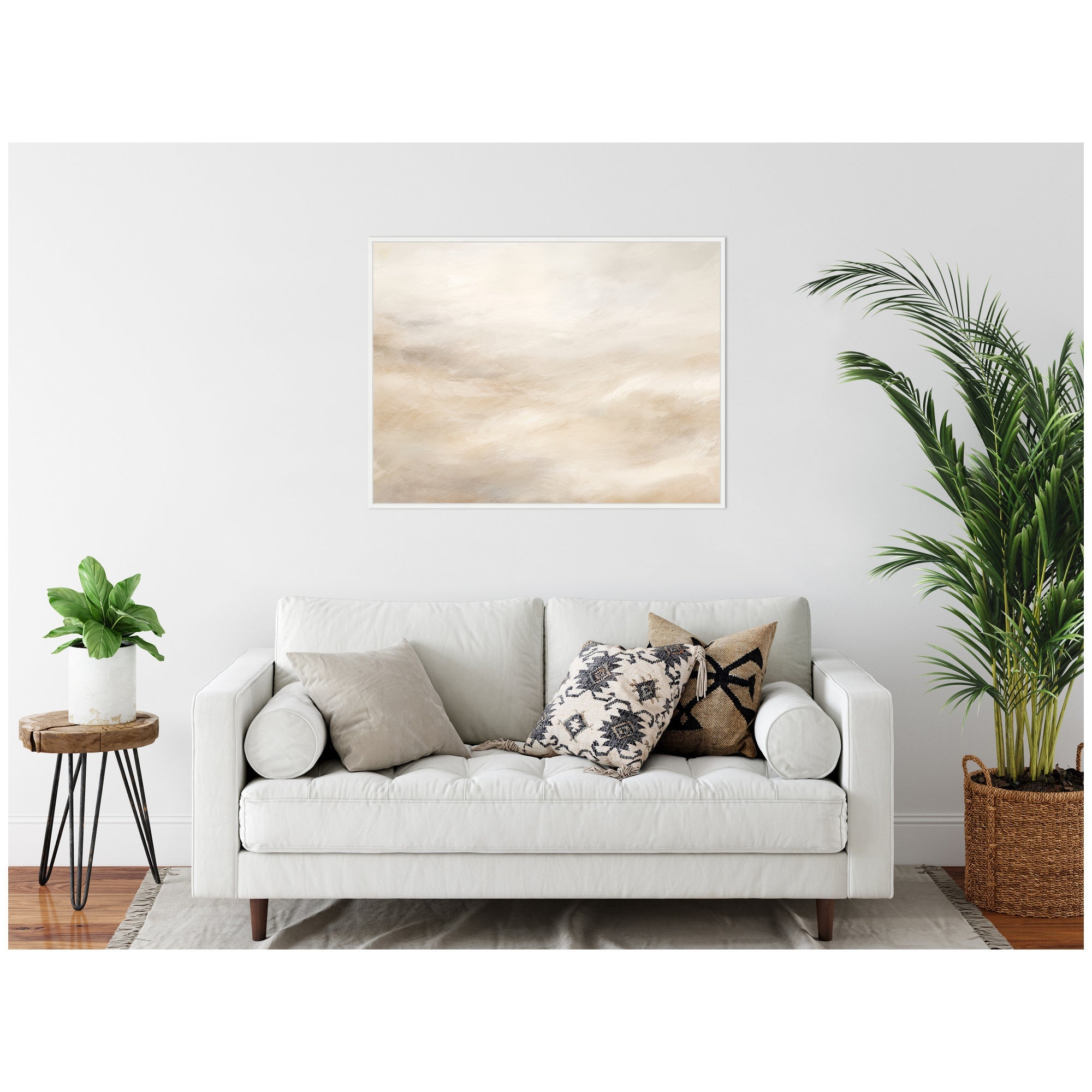 Sylvie Tonal Abstract Textural White and Beige Light Natural Neutrals Horizontal Framed Canvas by The Creative Bunch Studio