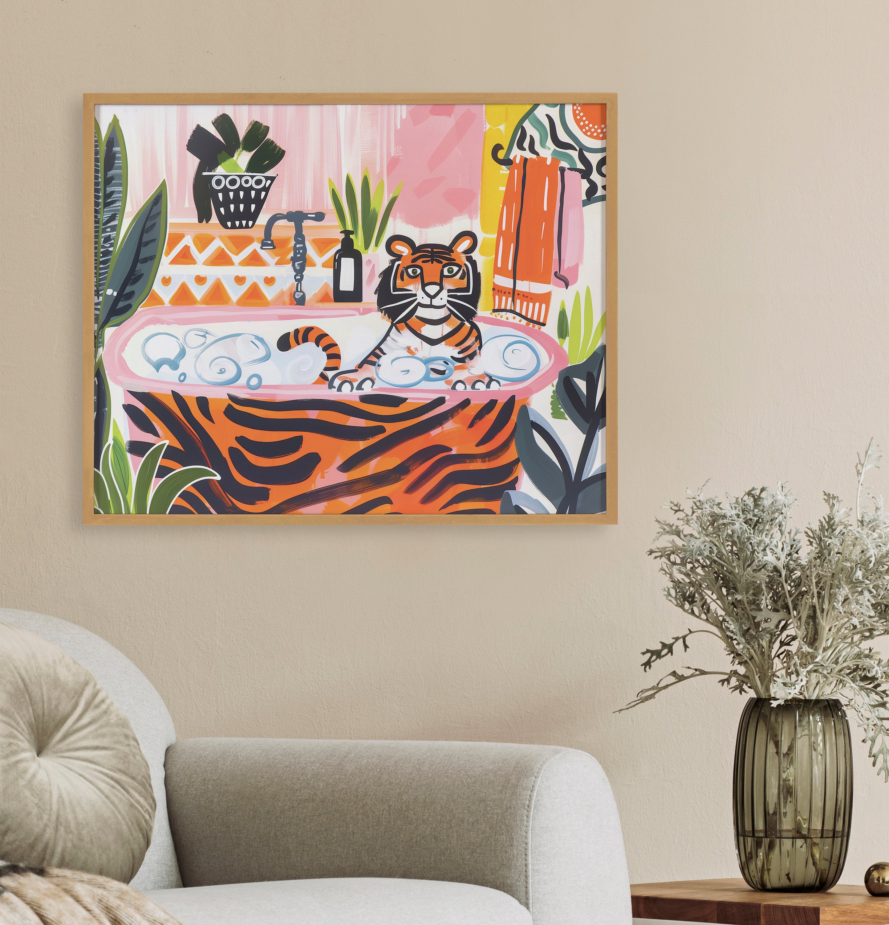 Gallery Bold Maximalist Tiger in Bubble Bath Print by The Creative Bunch Studio