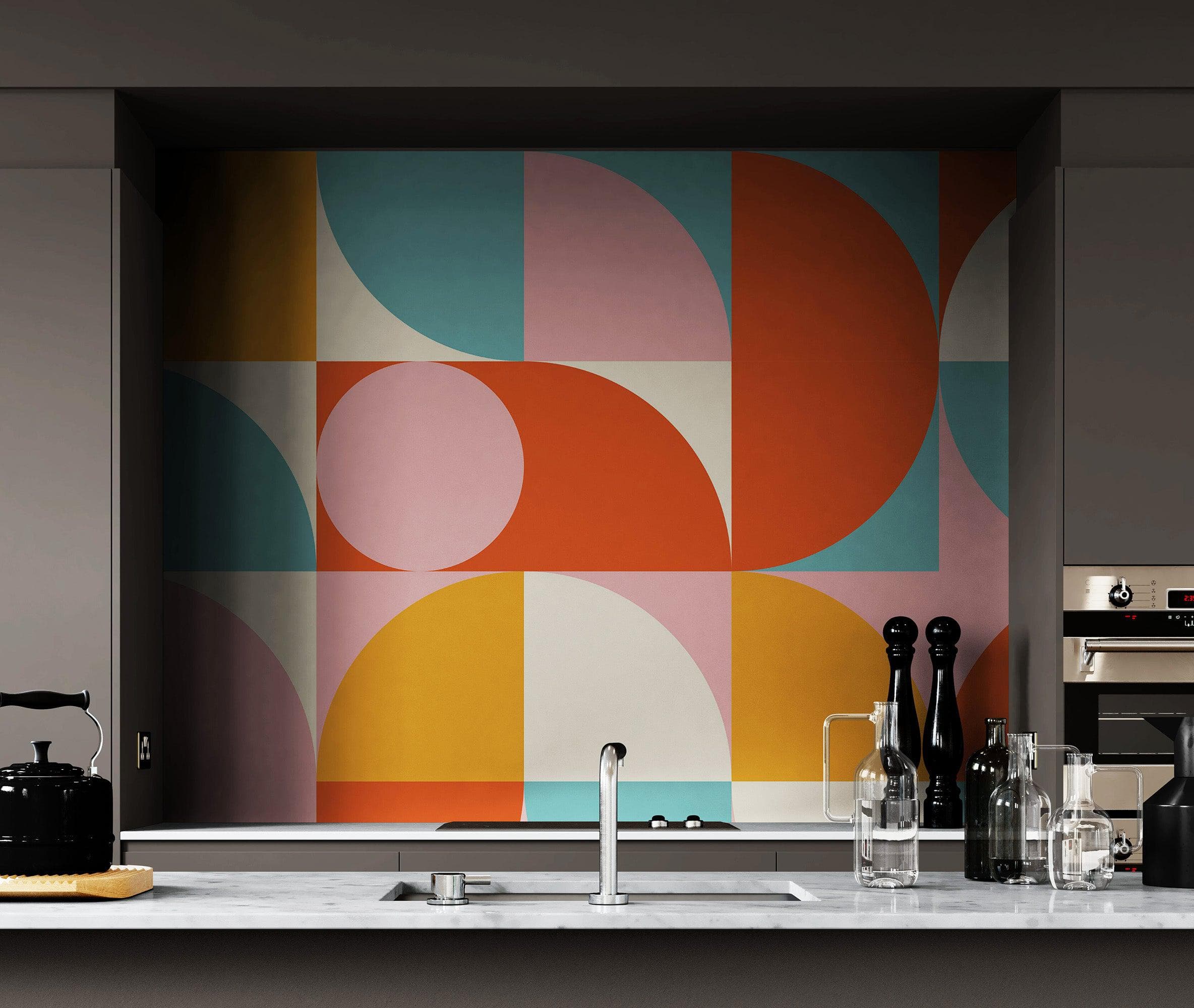 Geometric Shapes Contemporary Wall Mural. Pastel Color Orange, Pink, Blue, White. #7005