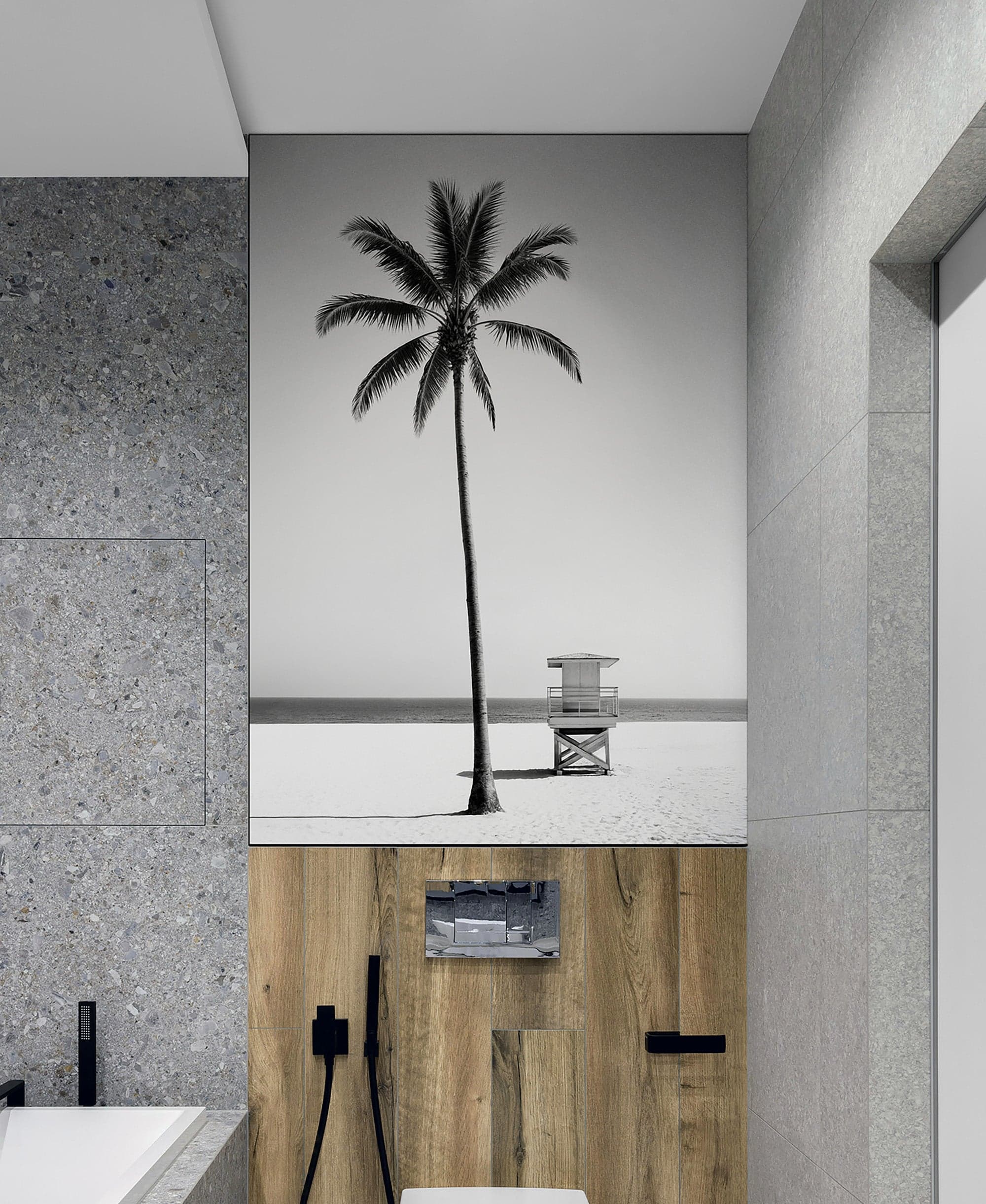 Black & White Tropical Palm Tree Beach Wallpaper Mural. #7015