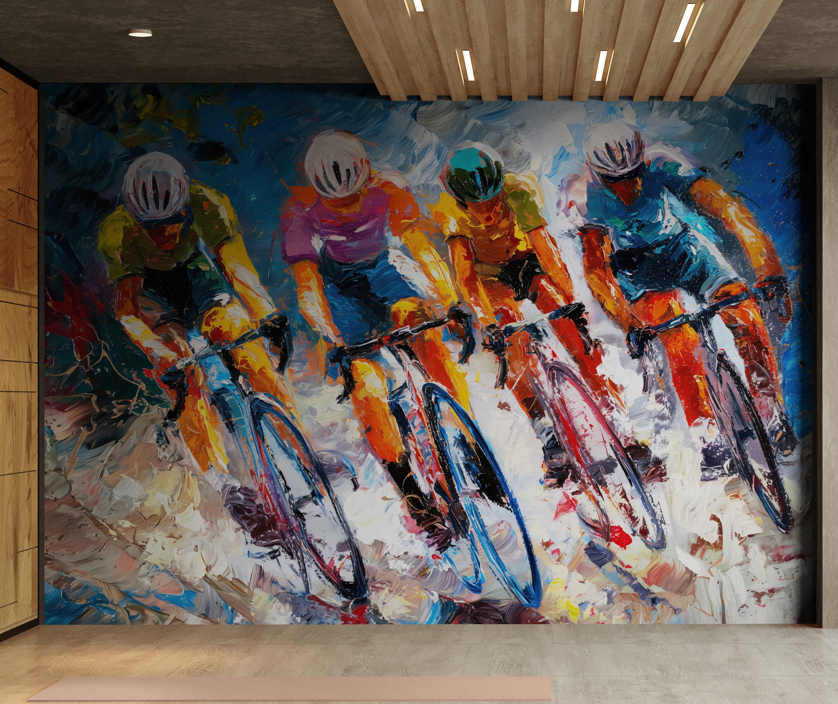 Cyclist Race Wallpaper Mural. Colorful Painting. #7016