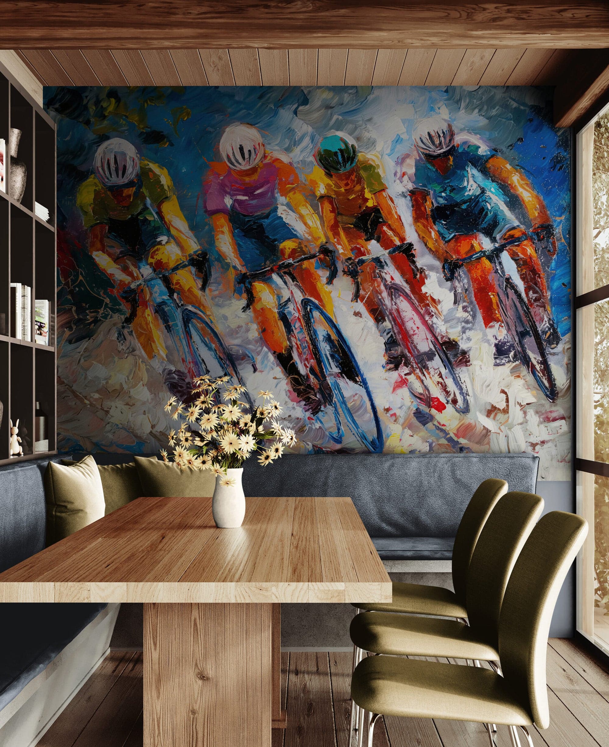 Cyclist Race Wallpaper Mural. Colorful Painting. #7016