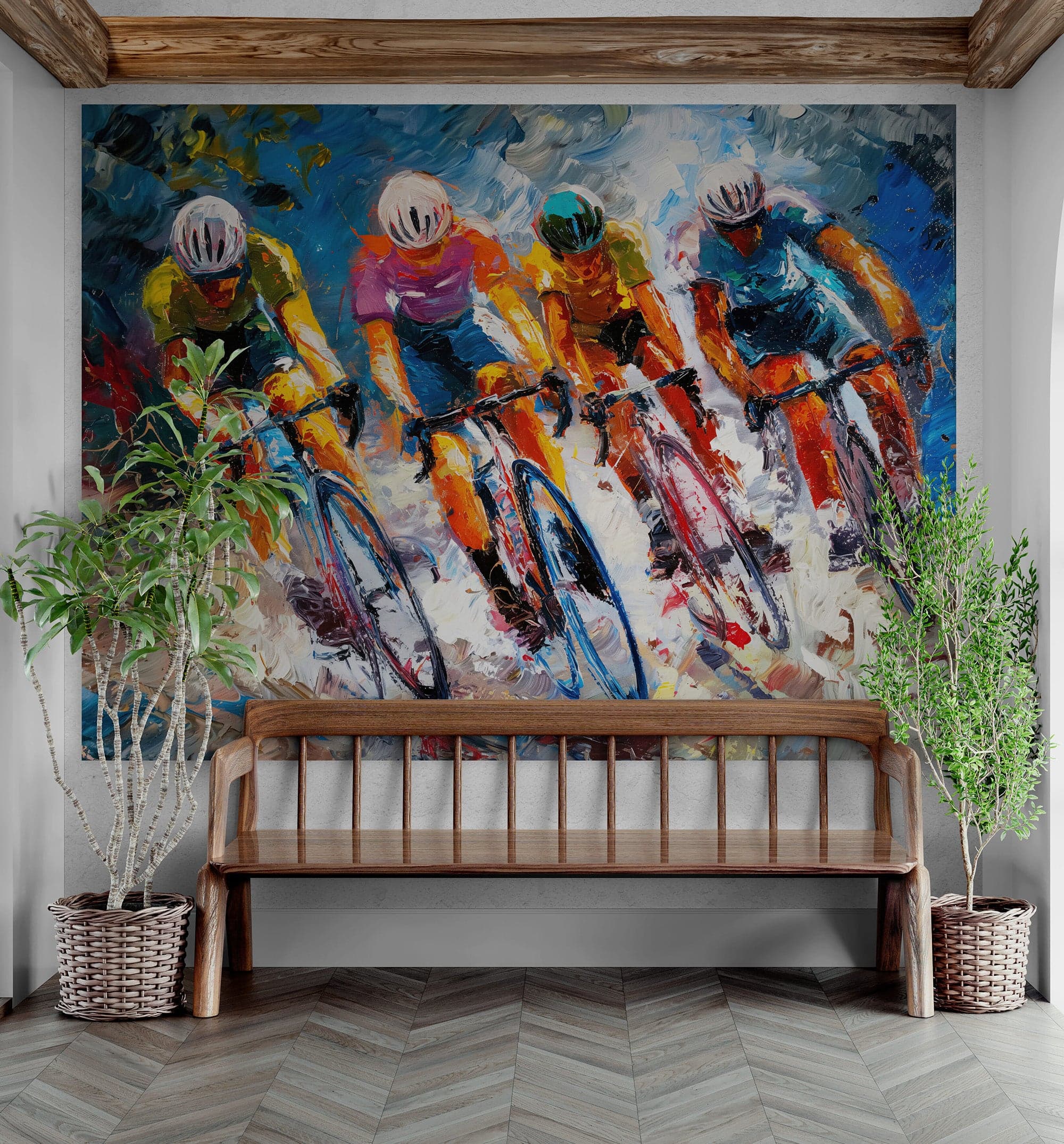 Cyclist Race Wallpaper Mural. Colorful Painting. #7016